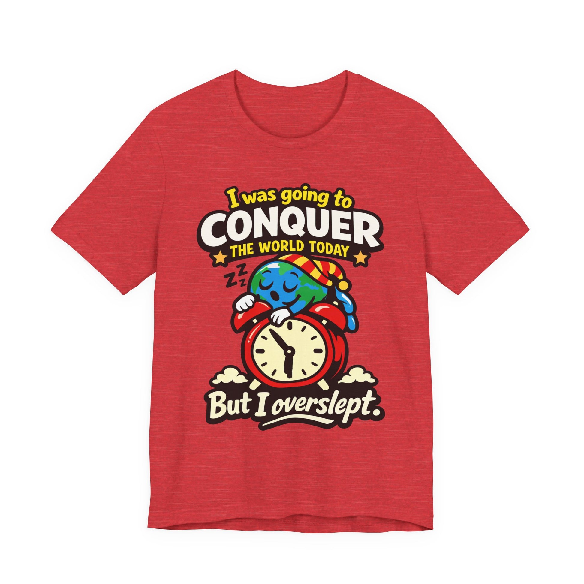 Black Bella+Canvas 3001 unisex tee with I Was Going to Conquer the World But I Overslept graphic, detail view