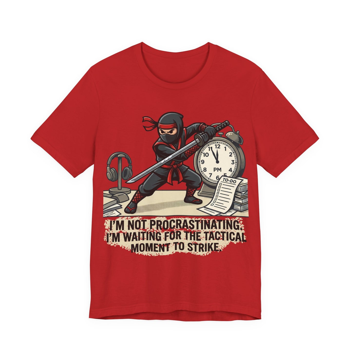 Red Bella+Canvas 3001 unisex tee with I'm Not Procrastinating ninja and clock graphic, on hanger