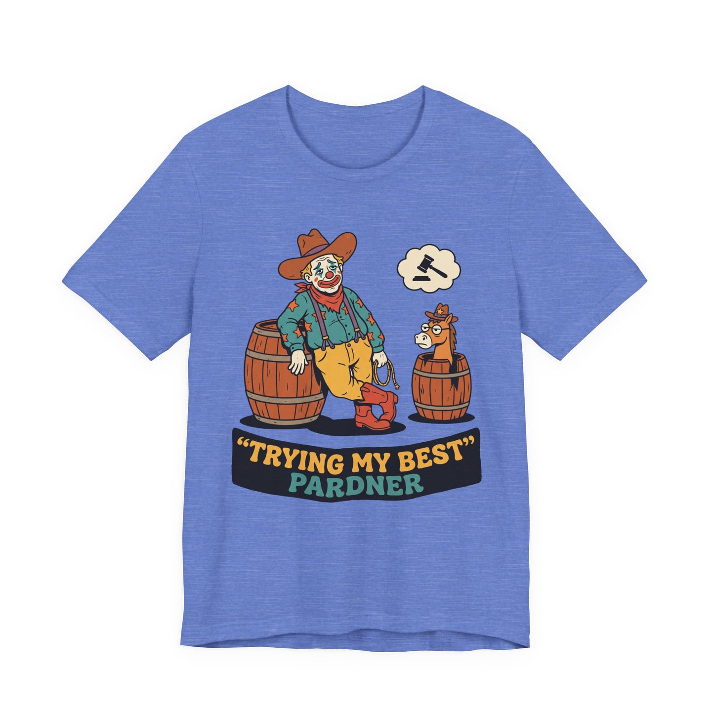 Navy Bella+Canvas 3001 unisex tee with Trying My Best Pardner graphic, flat lay