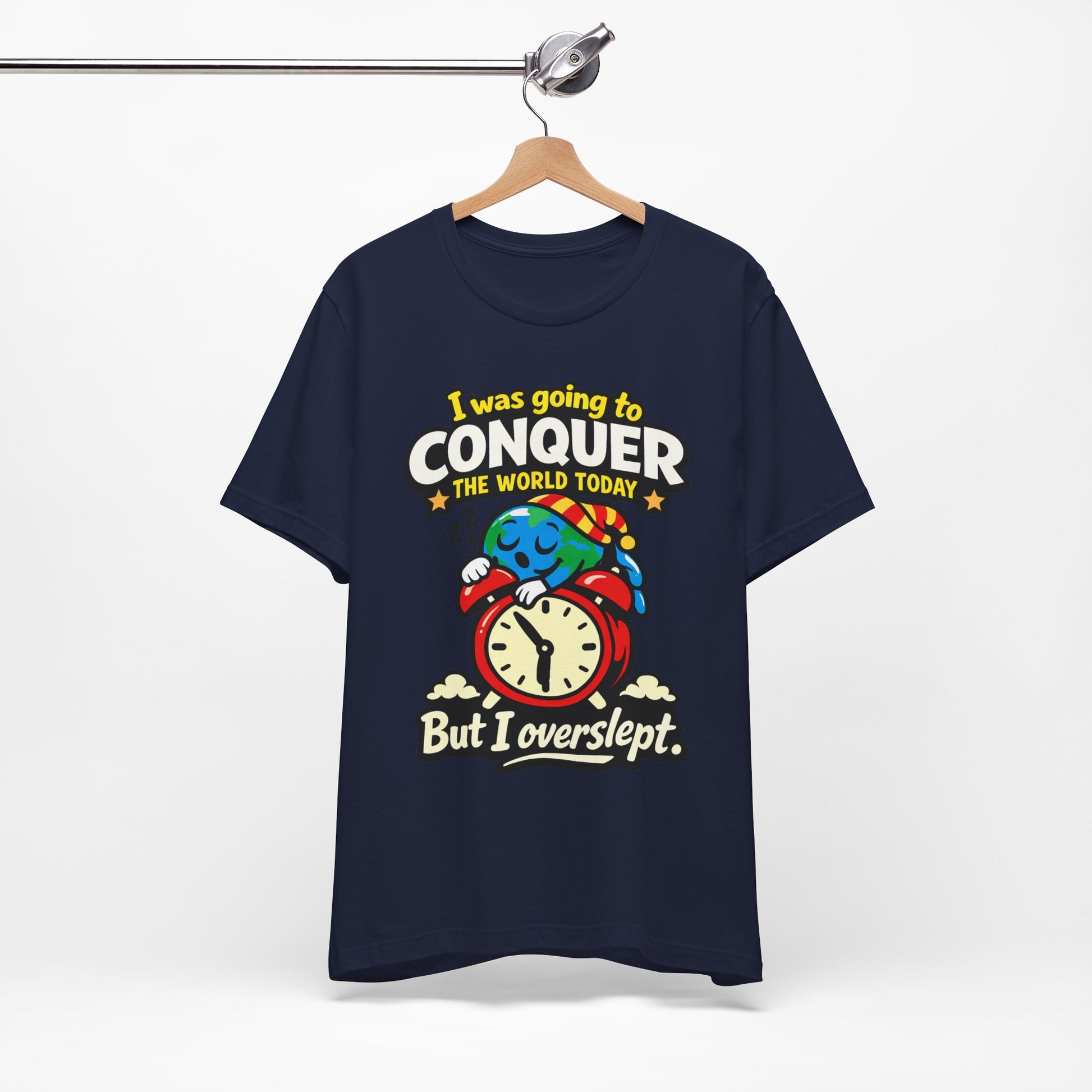 Asphalt Bella+Canvas 3001 unisex tee with I Was Going to Conquer the World But I Overslept graphic, detail view
