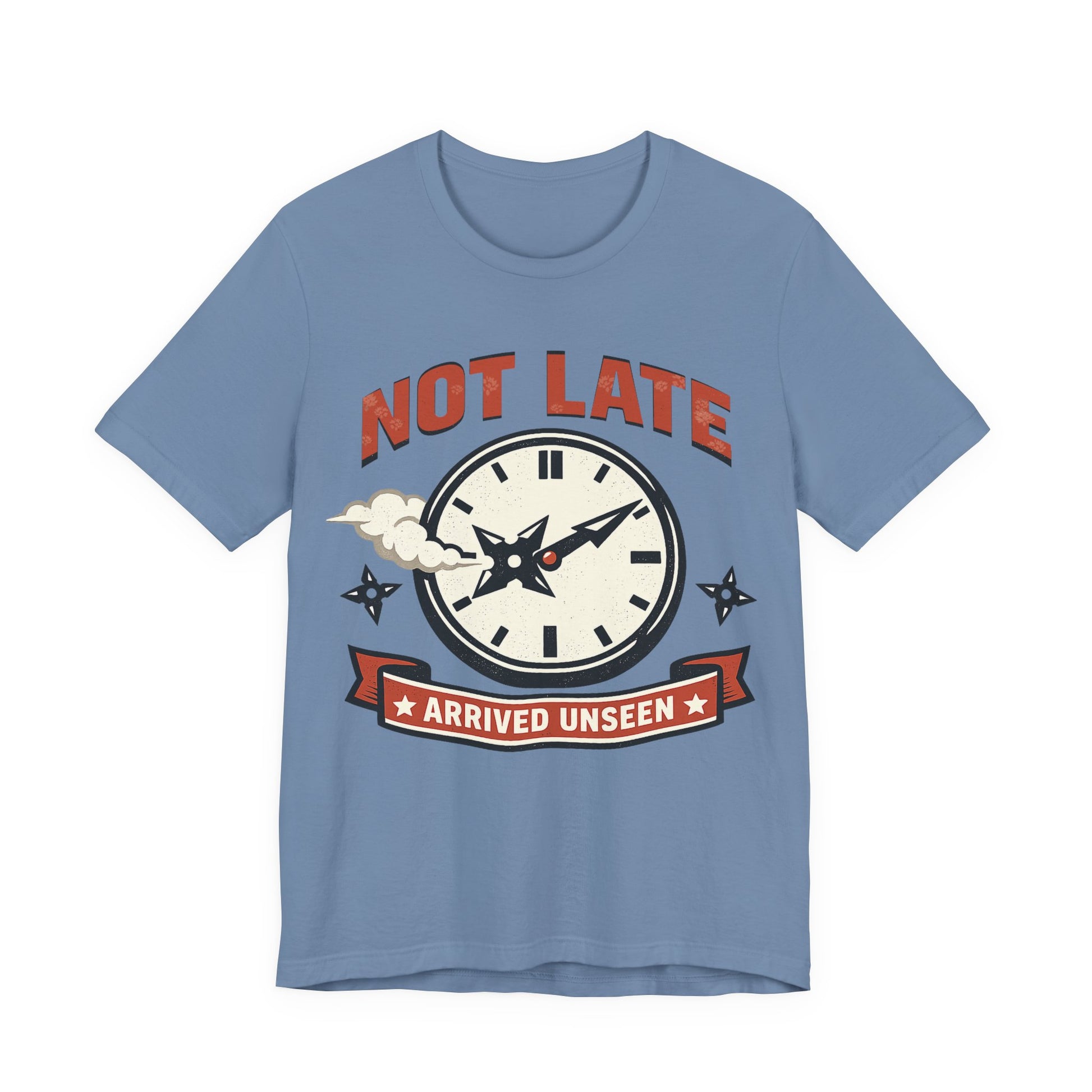 Steel Blue Bella+Canvas 3001 unisex tee with Not Late Arrived Unseen ninja clock design, on hanger