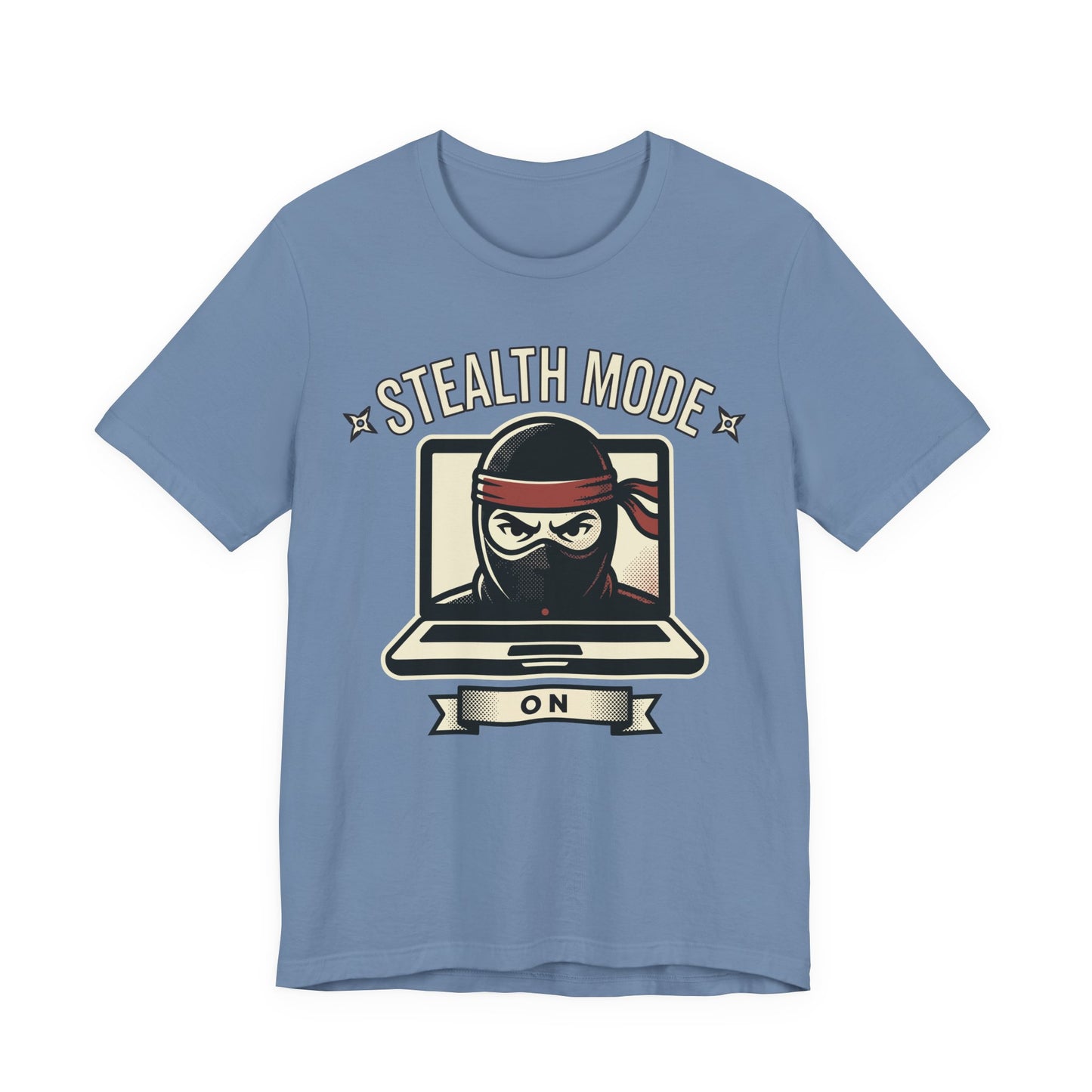 Steel Blue Bella+Canvas 3001 unisex tee with Stealth Mode On ninja laptop graphic, on hanger