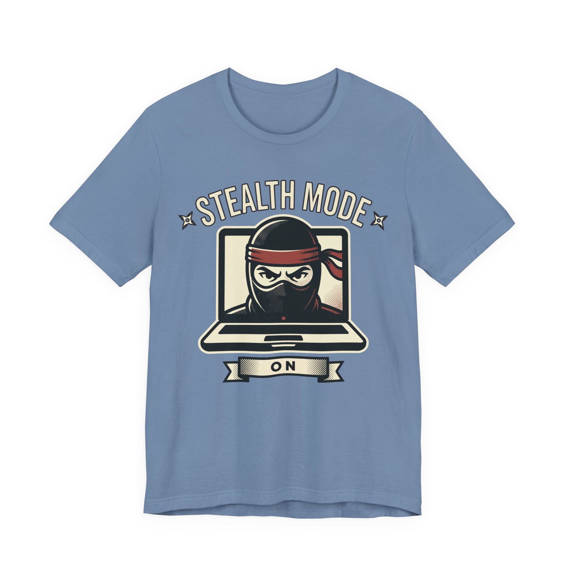 Steel Blue Bella+Canvas 3001 unisex tee with Stealth Mode On ninja laptop graphic, on hanger