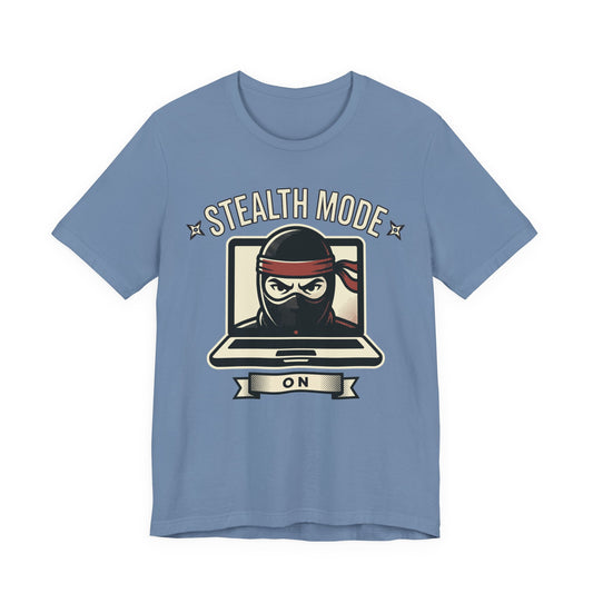 Steel Blue Bella+Canvas 3001 unisex tee with Stealth Mode On ninja laptop graphic, on hanger