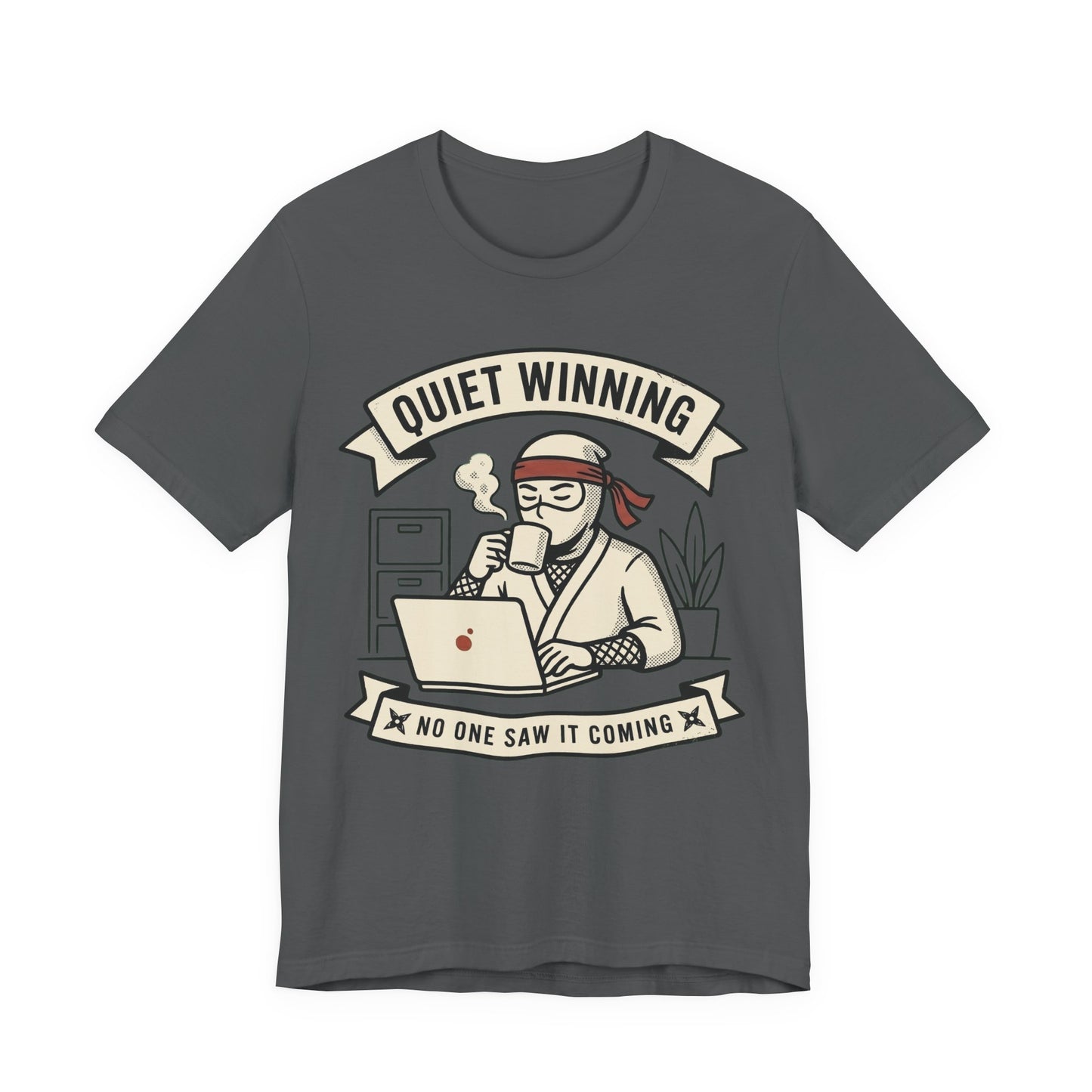 Asphalt Bella+Canvas 3001 unisex tee with Quiet Winning ninja laptop design, on hanger
