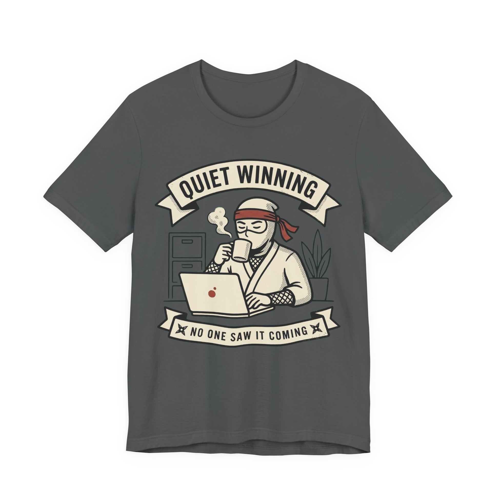 Asphalt Bella+Canvas 3001 unisex tee with Quiet Winning ninja laptop design, on hanger