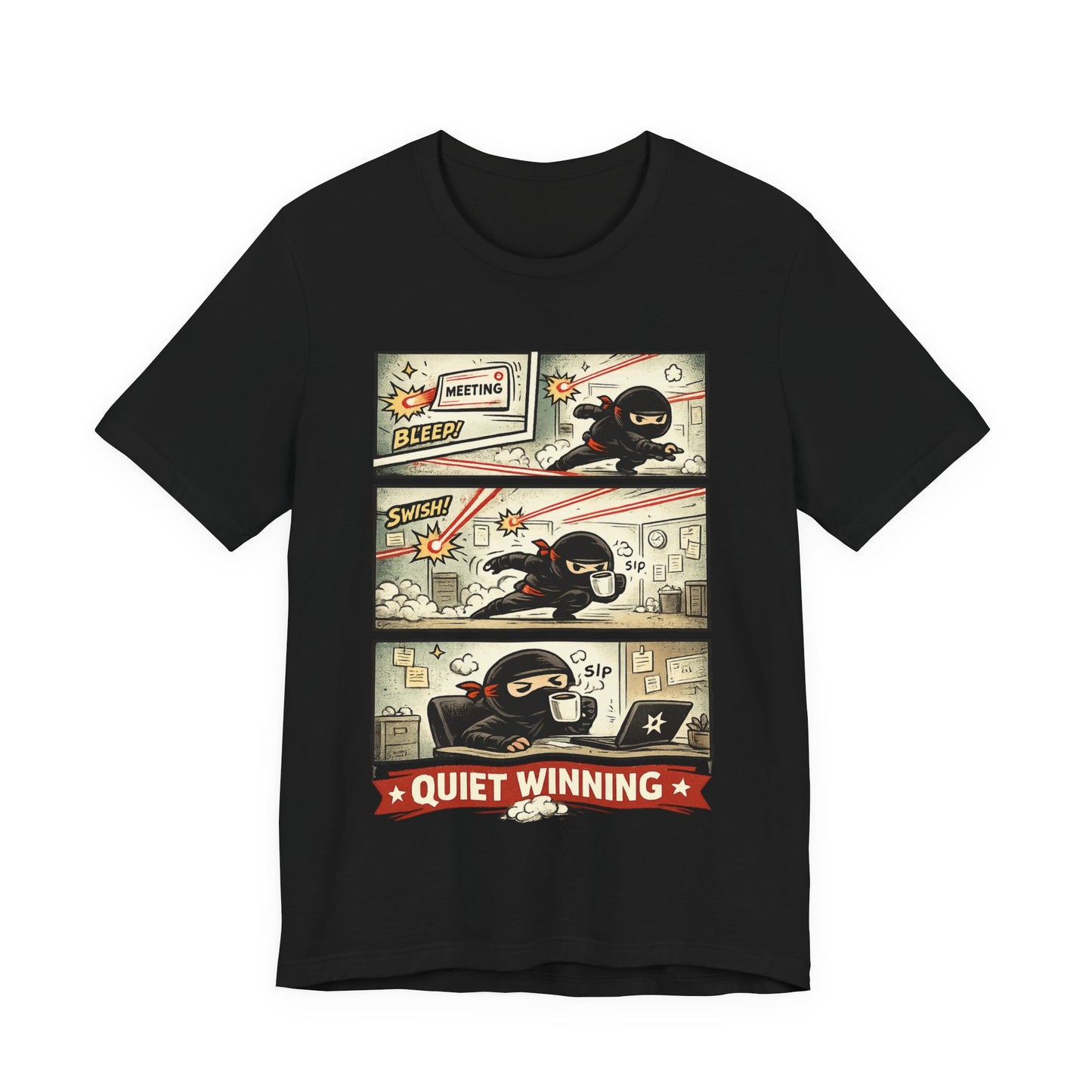 Black Bella+Canvas 3001 unisex tee with Quiet Winning ninja comic strip graphic, flat lay