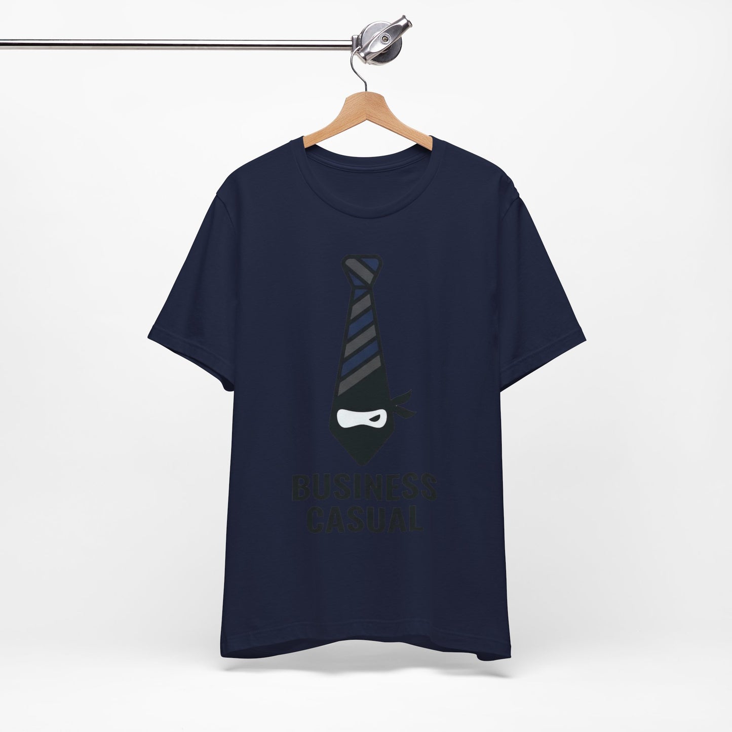 Navy Bella+Canvas 3001 unisex tee with Business Casual ninja in tie graphic, on hanger