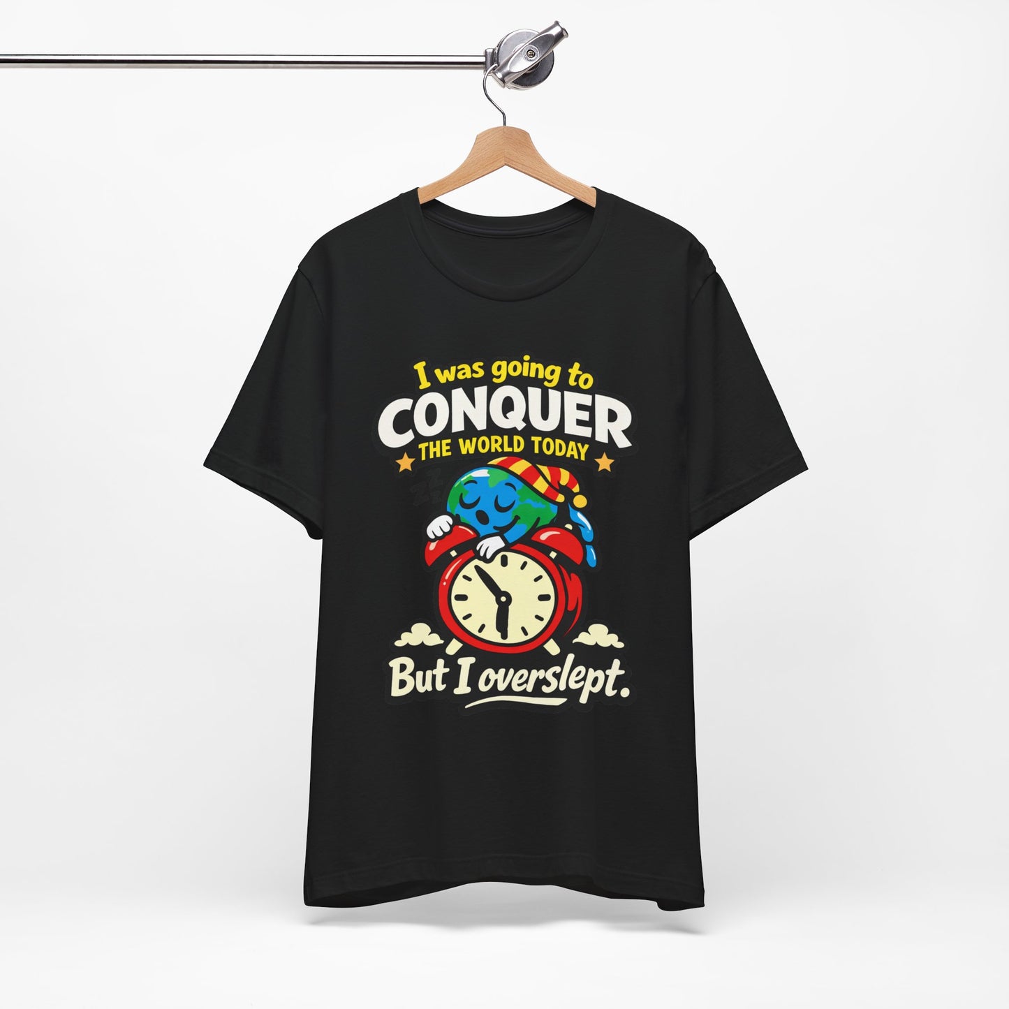 Natural Bella+Canvas 3001 unisex tee with I Was Going to Conquer the World But I Overslept graphic, detail view