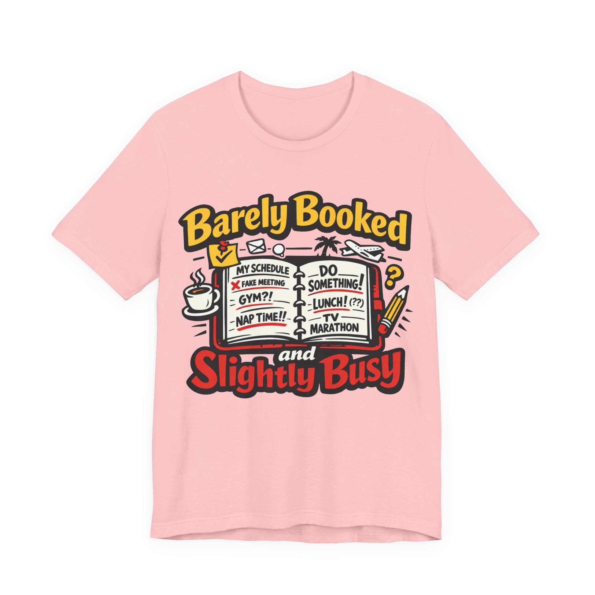 Asphalt Bella+Canvas 3001 unisex tee with Barely Booked and Slightly Busy graphic, flat lay