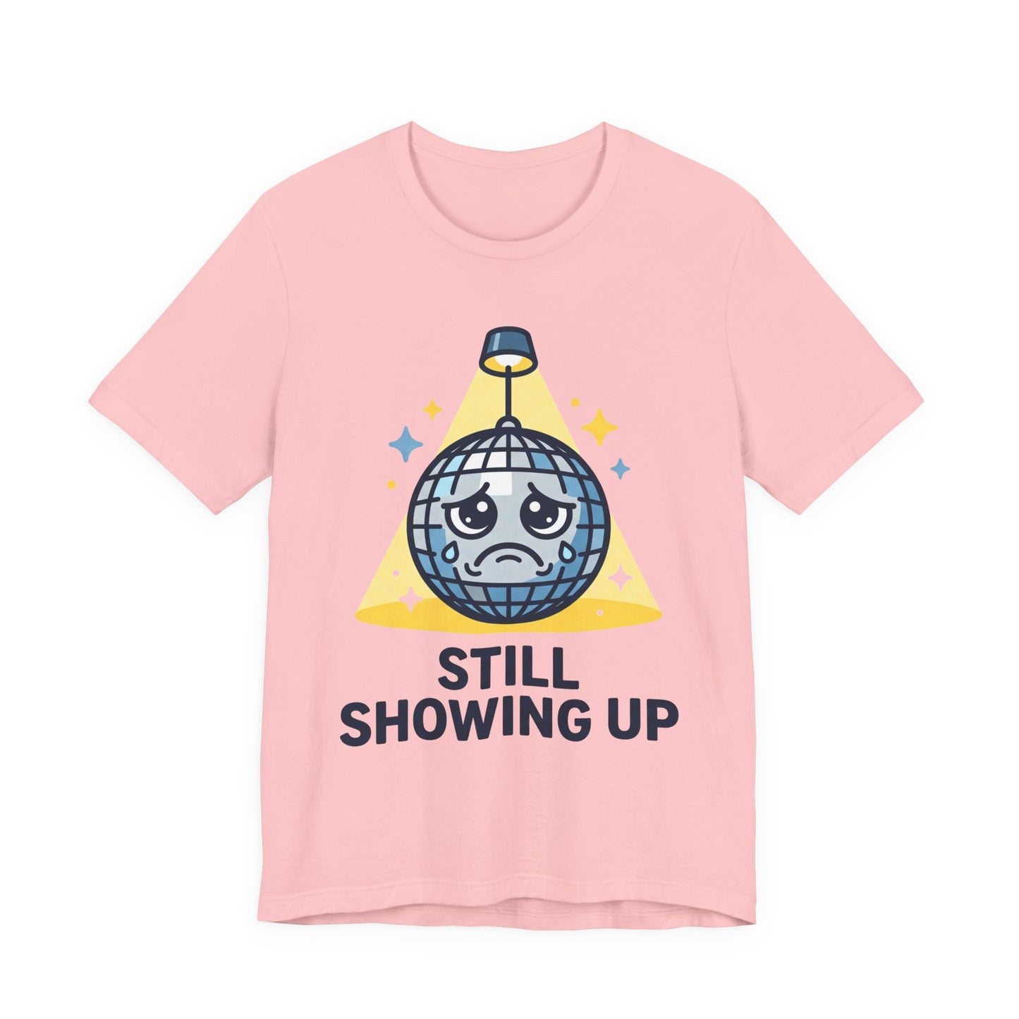 Asphalt Bella+Canvas 3001 unisex tee with Still Showing Up graphic, flat lay