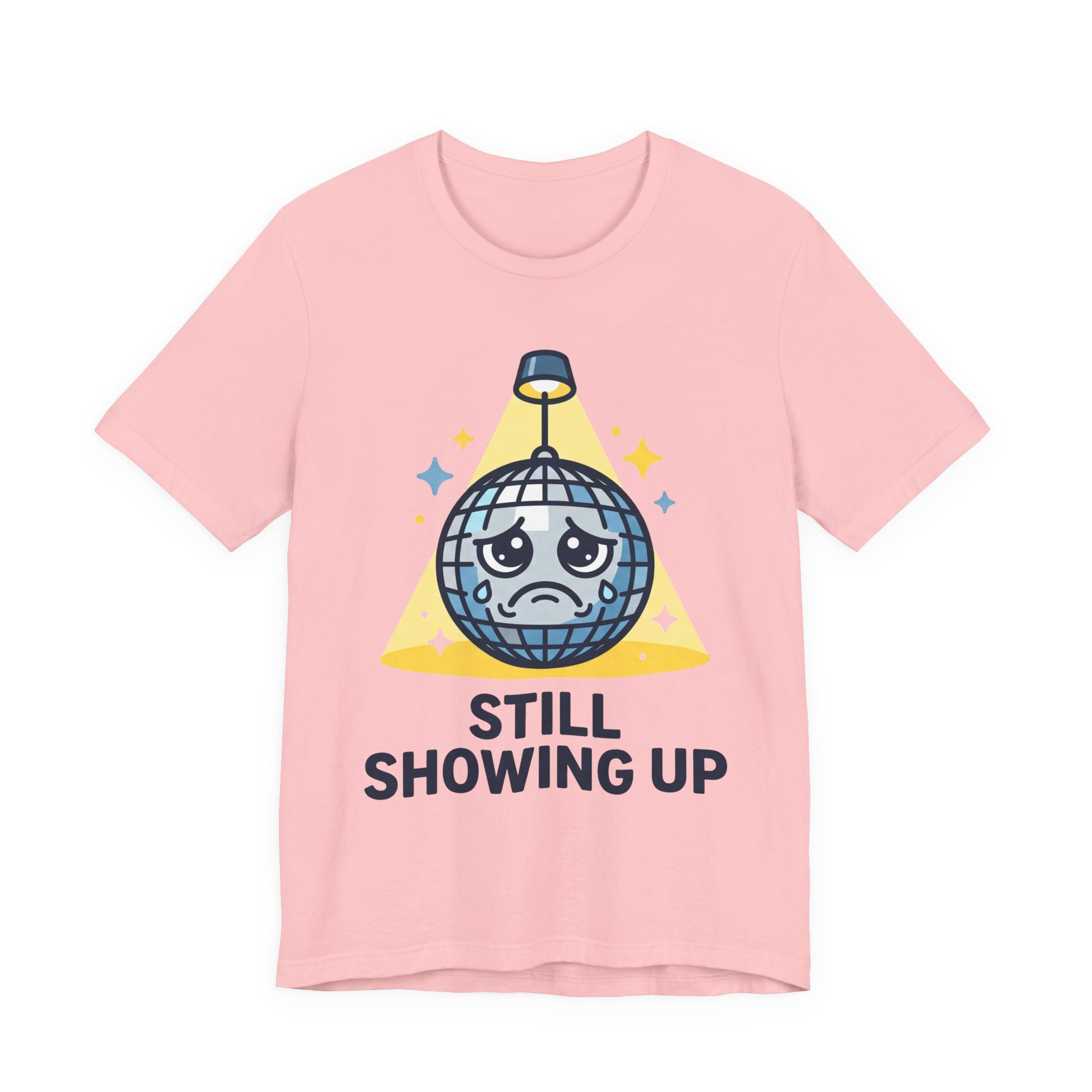 Asphalt Bella+Canvas 3001 unisex tee with Still Showing Up graphic, flat lay