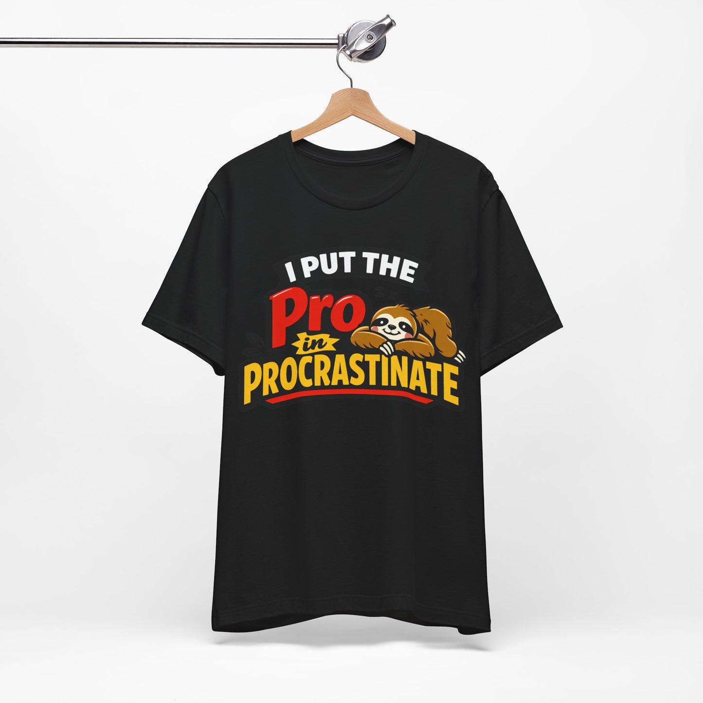 Natural Bella+Canvas 3001 unisex tee with I Put the Pro in Procrastinate sloth graphic, detail view