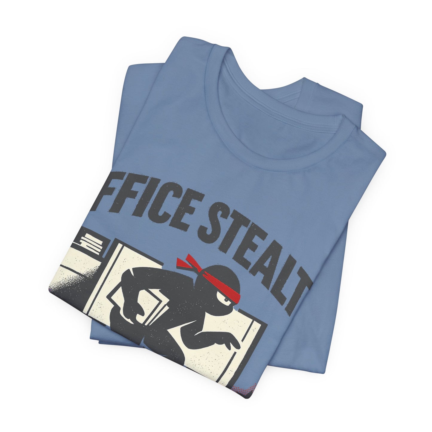 Steel Blue Bella+Canvas 3001 unisex tee with Office Stealth vintage faded ninja design, flat lay