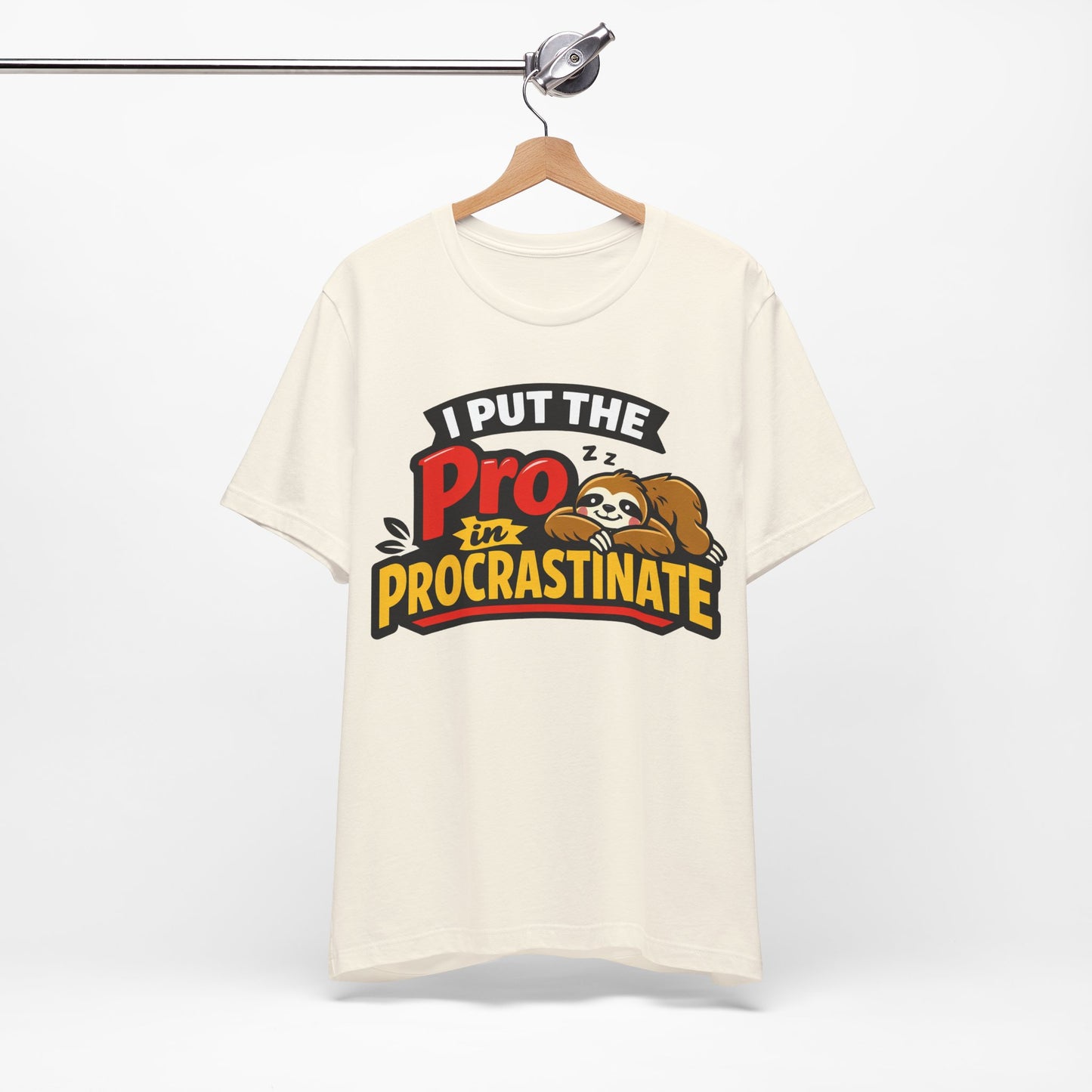 Navy Bella+Canvas 3001 unisex tee with I Put the Pro in Procrastinate sloth graphic, detail view