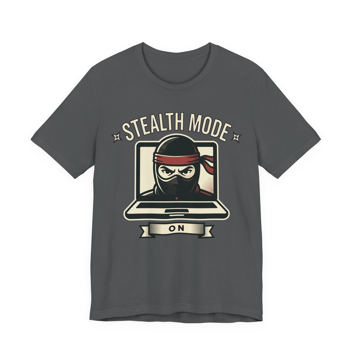 Asphalt Bella+Canvas 3001 unisex tee with Stealth Mode On ninja laptop graphic, on hanger
