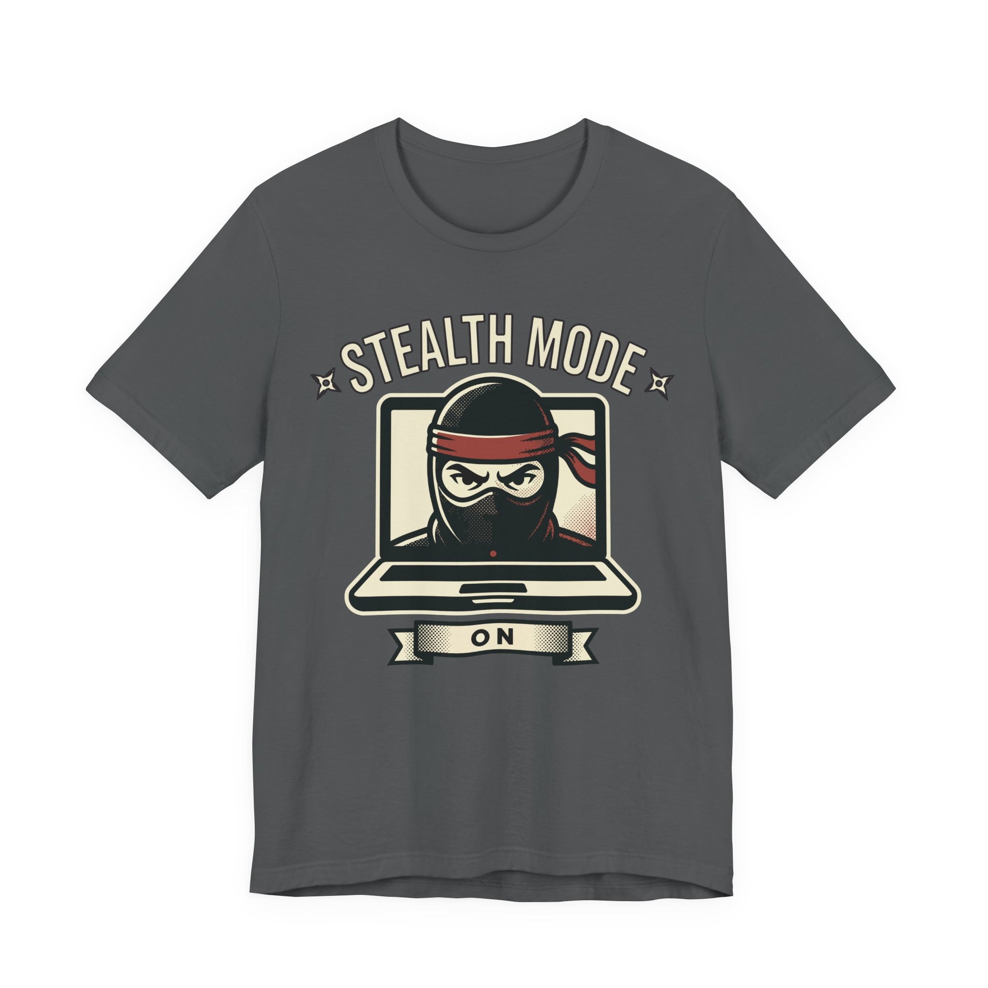 Asphalt Bella+Canvas 3001 unisex tee with Stealth Mode On ninja laptop graphic, on hanger