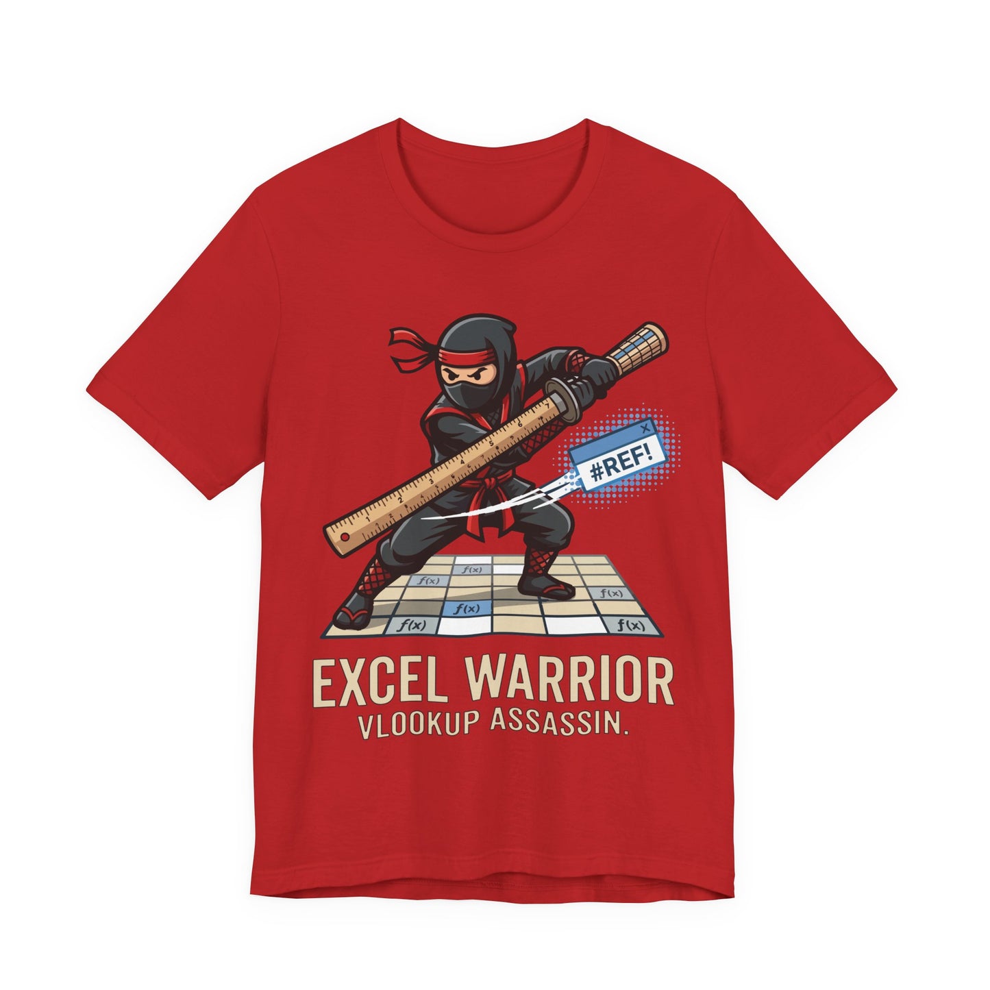 Red Bella+Canvas 3001 unisex tee with Excel Warrior VLOOKUP Assassin ninja spreadsheet graphic, on hanger
