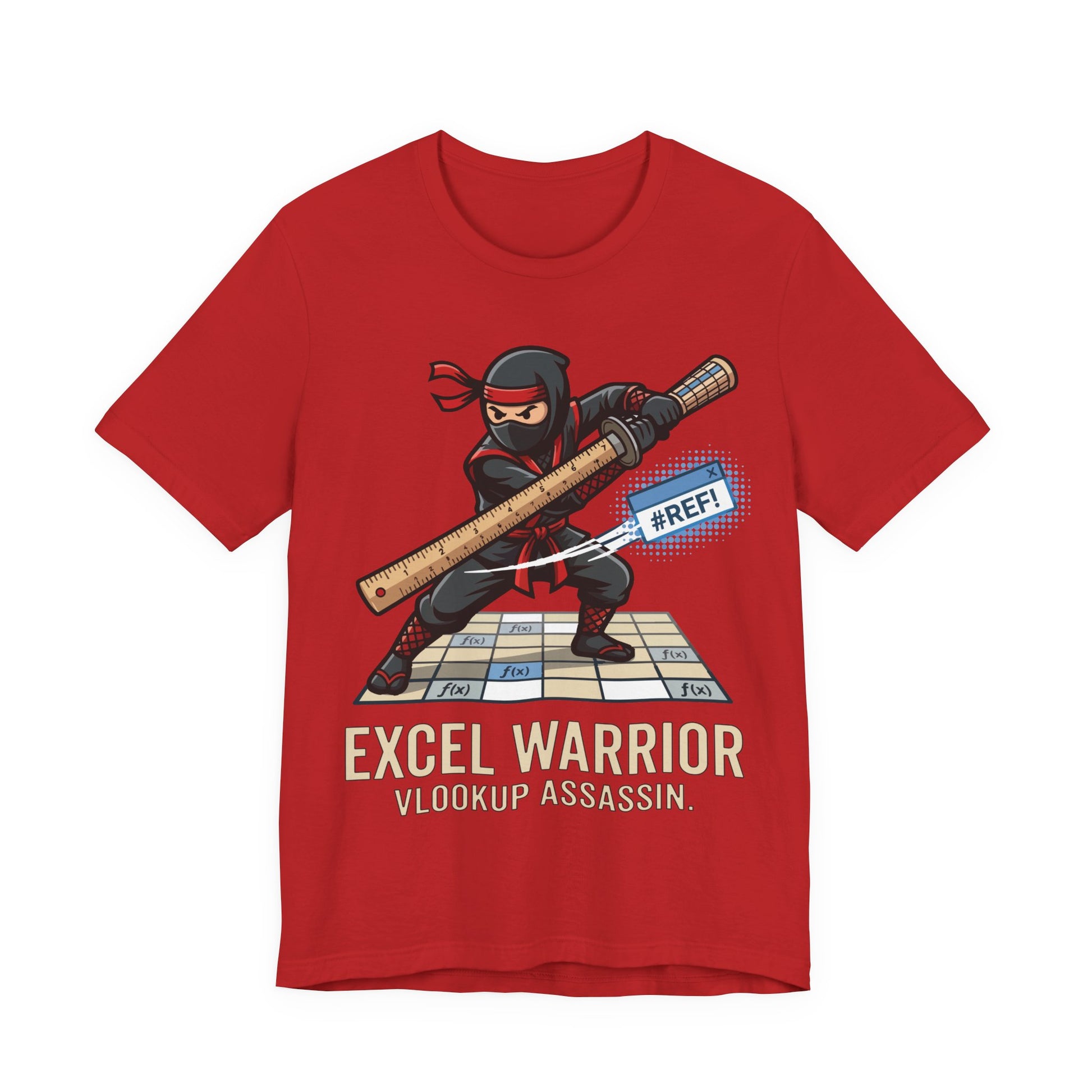 Red Bella+Canvas 3001 unisex tee with Excel Warrior VLOOKUP Assassin ninja spreadsheet graphic, on hanger