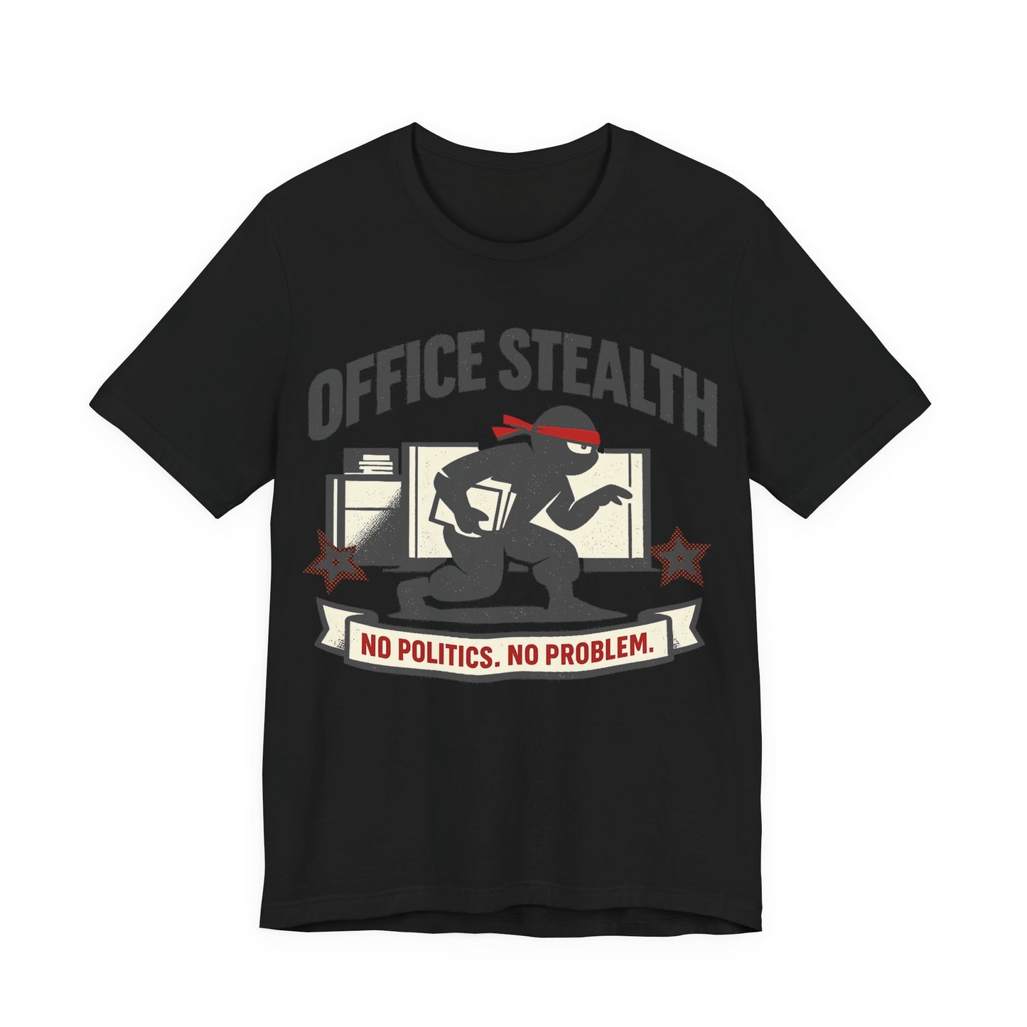 Black Bella+Canvas 3001 unisex tee with Office Stealth vintage faded ninja design, flat lay