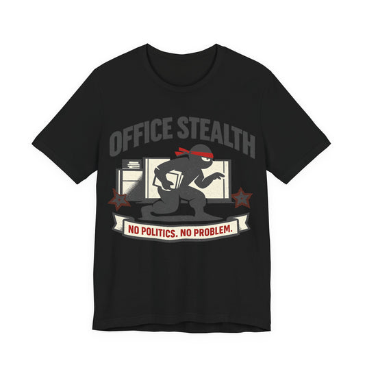 Black Bella+Canvas 3001 unisex tee with Office Stealth vintage faded ninja design, flat lay