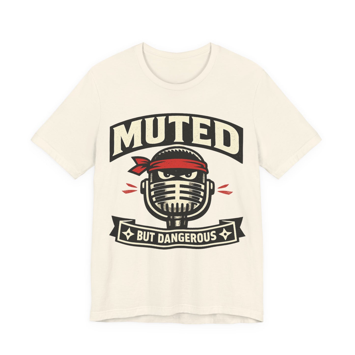 Natural Bella+Canvas 3001 unisex tee with Muted But Dangerous ninja graphic, on hanger