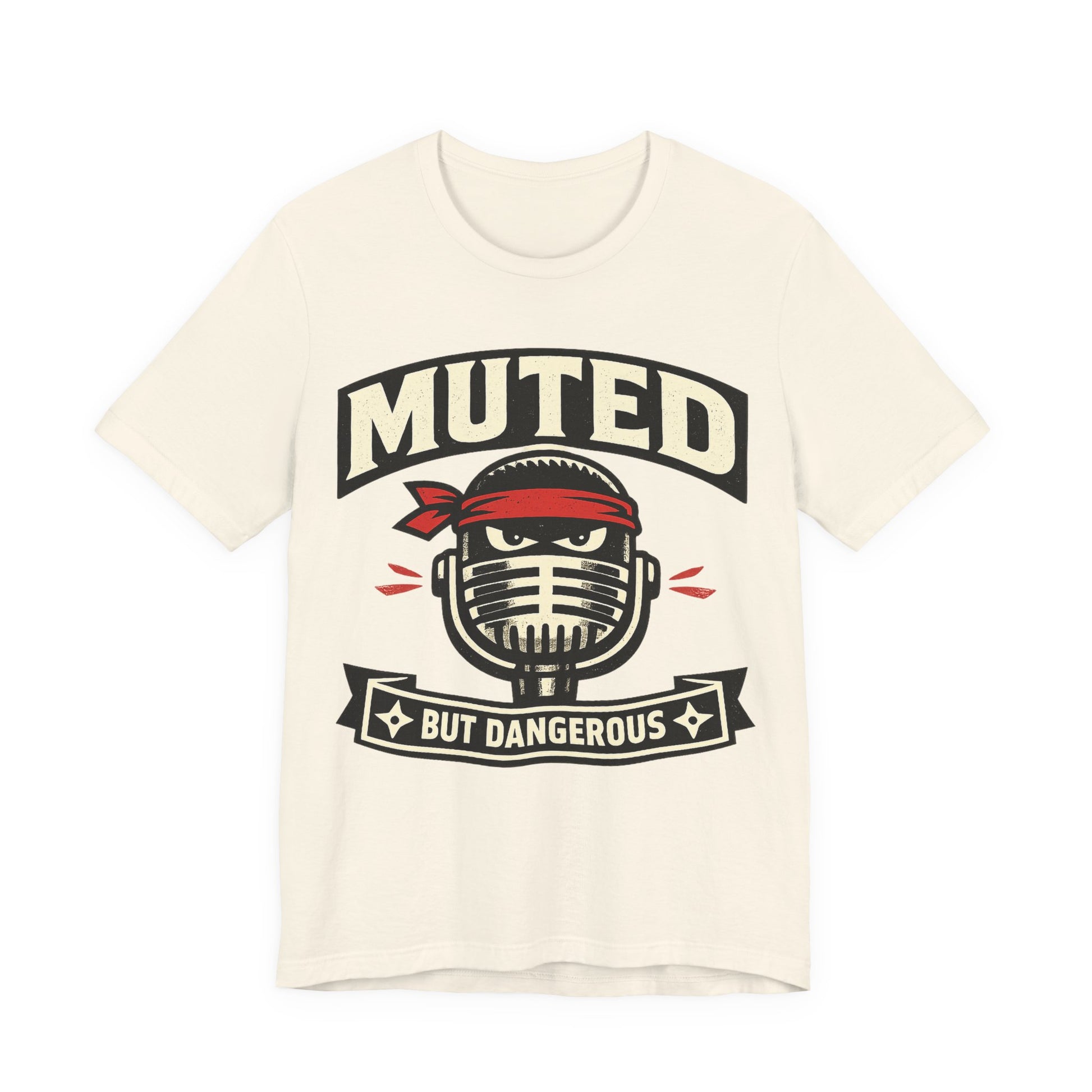 Natural Bella+Canvas 3001 unisex tee with Muted But Dangerous ninja graphic, on hanger
