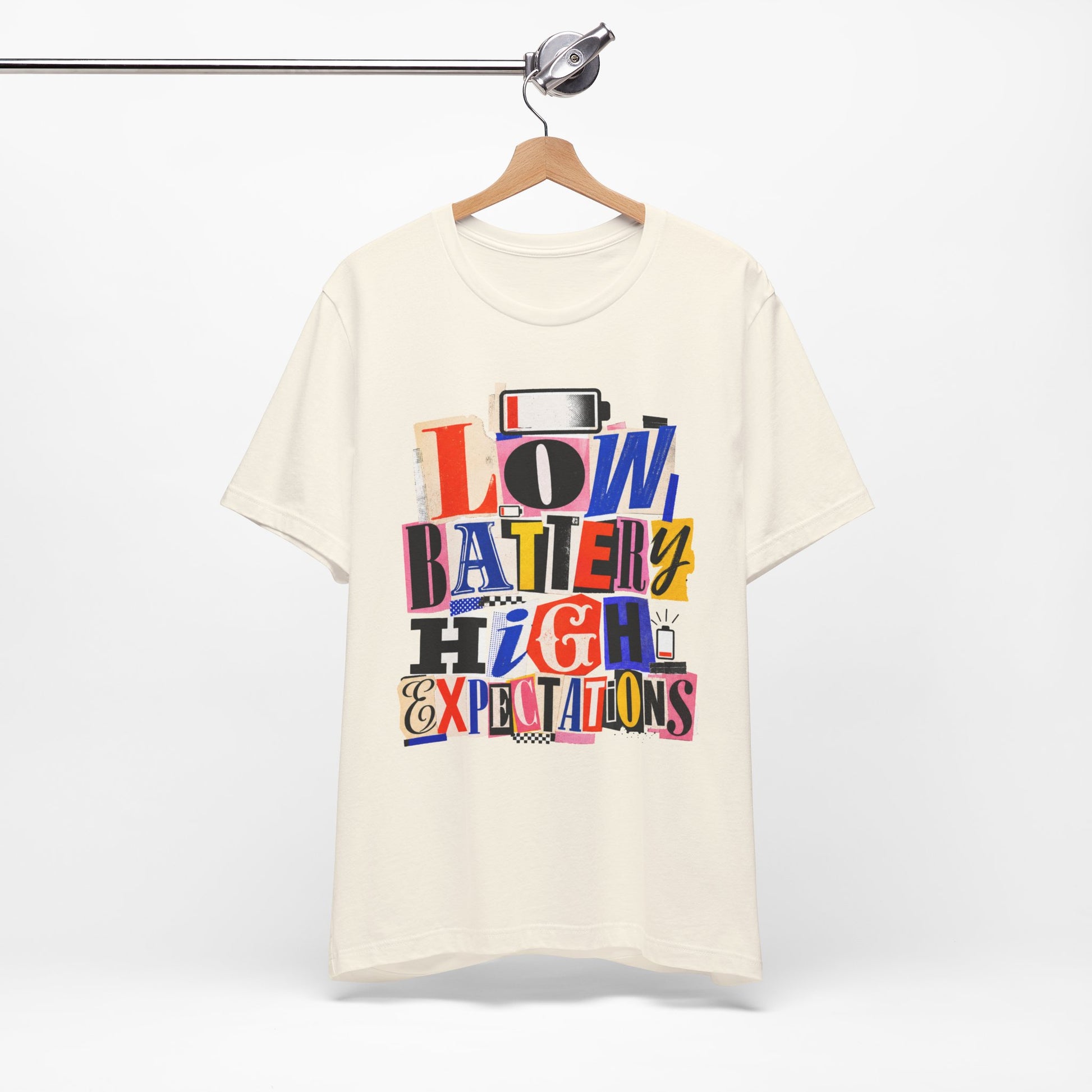 Low Battery High Expectations graphic on Bella+Canvas 3001 unisex tee