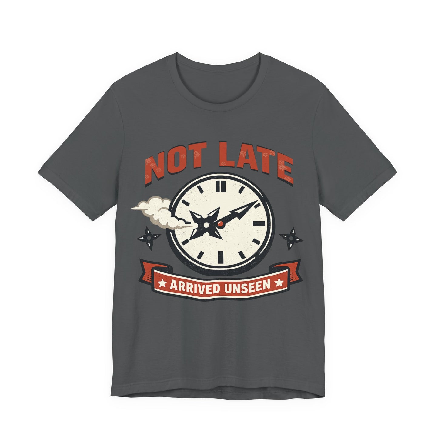Asphalt Bella+Canvas 3001 unisex tee with Not Late Arrived Unseen ninja clock design, on hanger