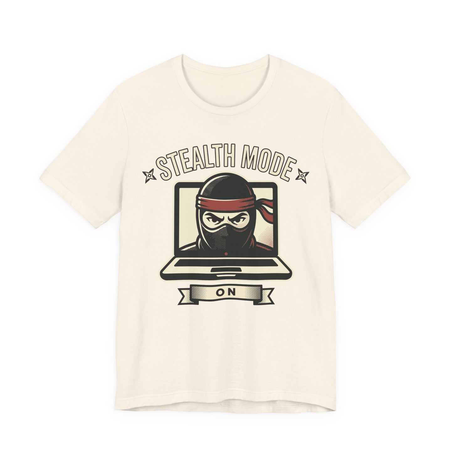 Natural Bella+Canvas 3001 unisex tee with Stealth Mode On ninja laptop graphic, on hanger