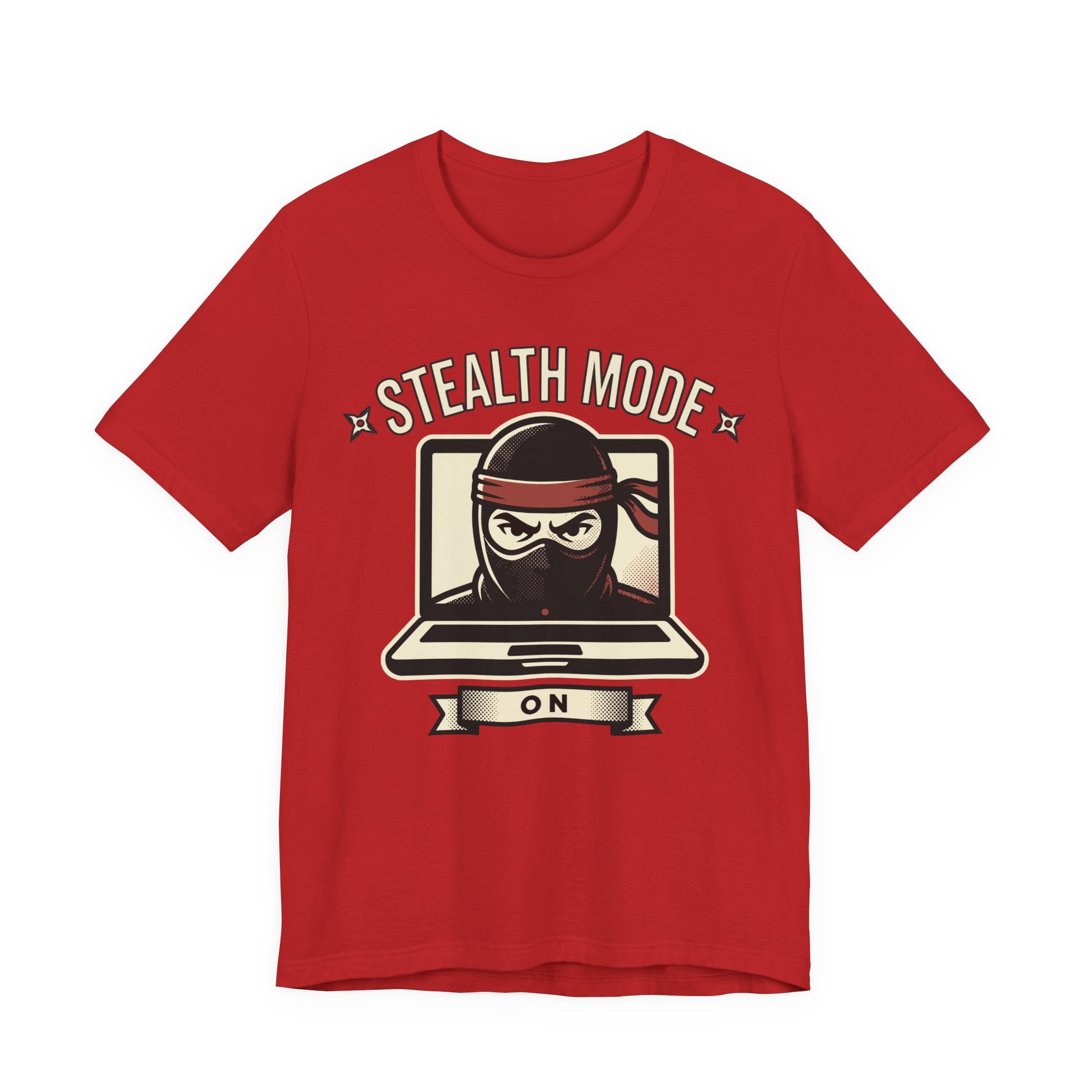 Red Bella+Canvas 3001 unisex tee with Stealth Mode On ninja laptop graphic, on hanger