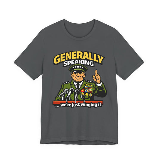 Red Bella+Canvas 3001 unisex tee with Generally Speaking We're Just Winging It graphic, on hanger