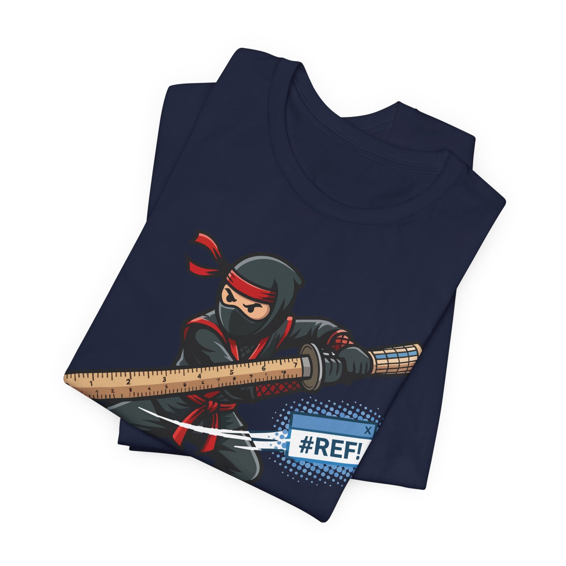 Steel Blue Bella+Canvas 3001 unisex tee with Excel Warrior VLOOKUP Assassin ninja spreadsheet graphic, on hanger