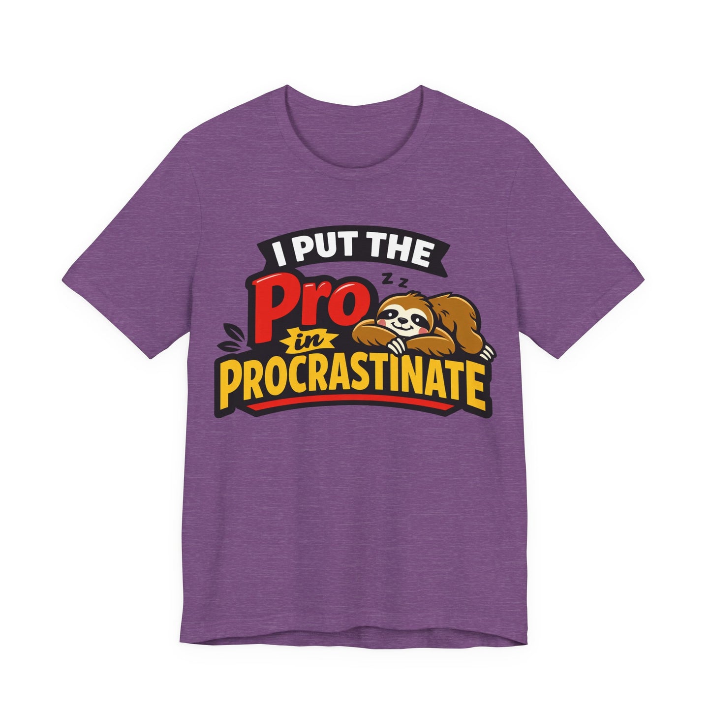 Asphalt Bella+Canvas 3001 unisex tee with I Put the Pro in Procrastinate sloth graphic, flat lay