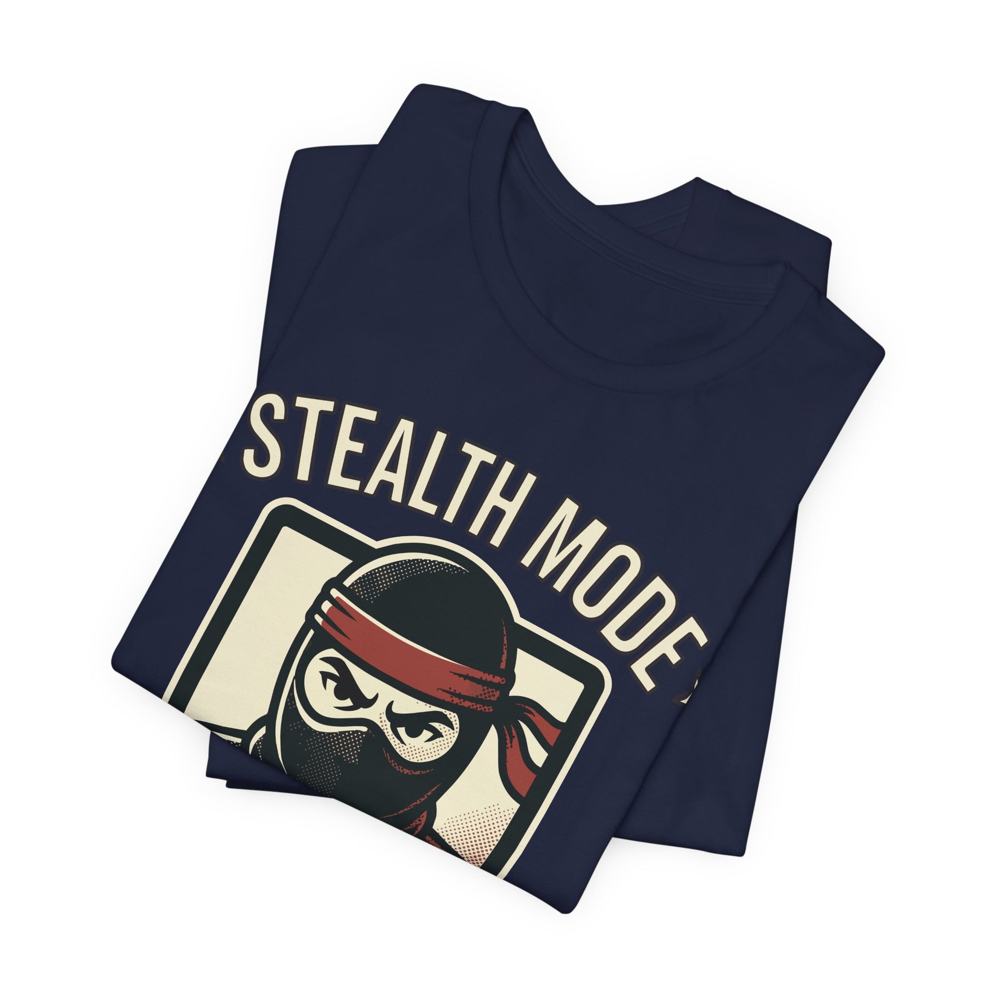 Asphalt Bella+Canvas 3001 unisex tee with Stealth Mode On ninja laptop graphic, flat lay