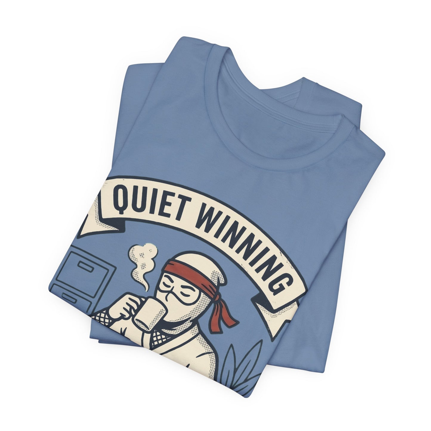 Steel Blue Bella+Canvas 3001 unisex tee with Quiet Winning ninja laptop design, flat lay