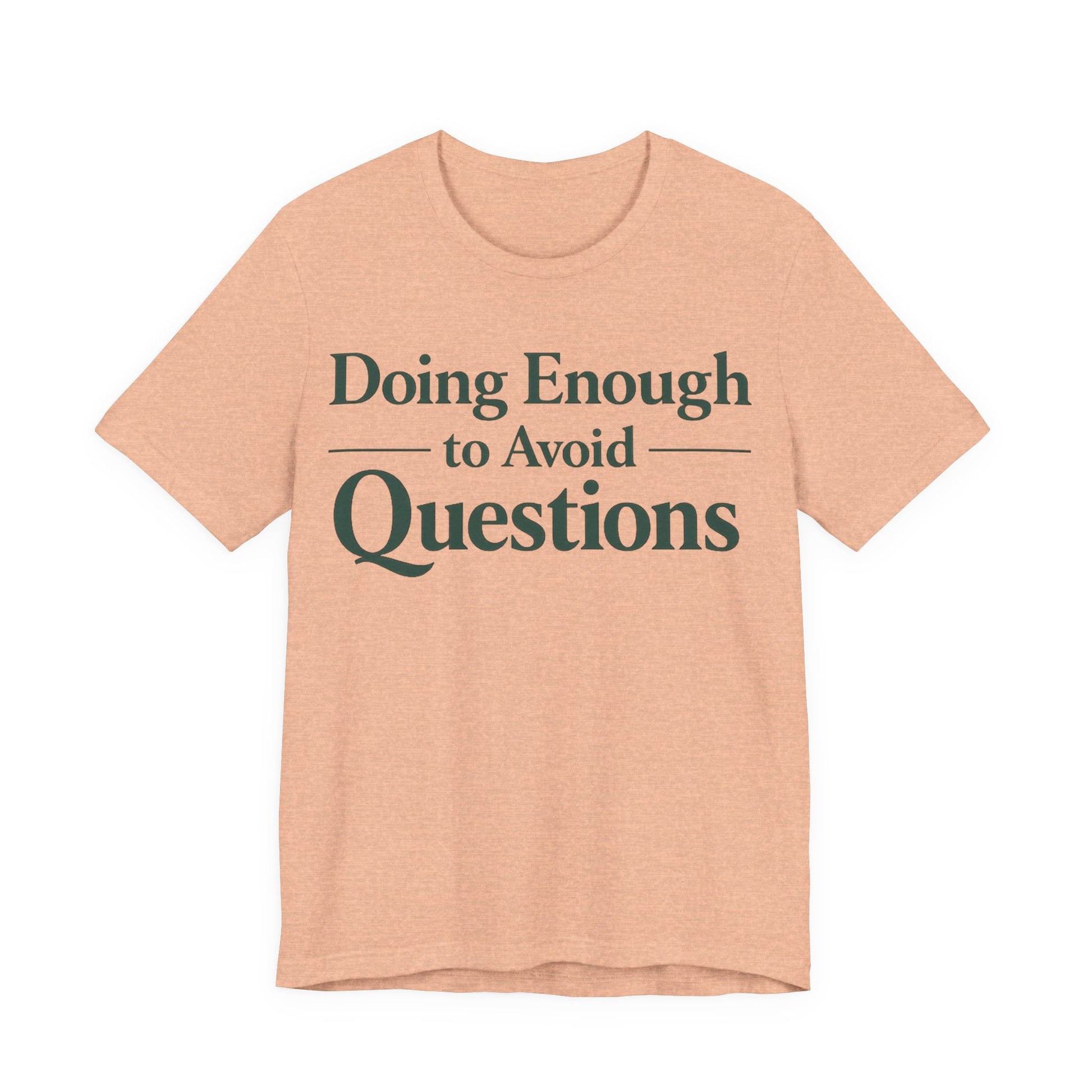 Red Bella+Canvas 3001 unisex tee with Doing Enough to Avoid Questions graphic, on hanger