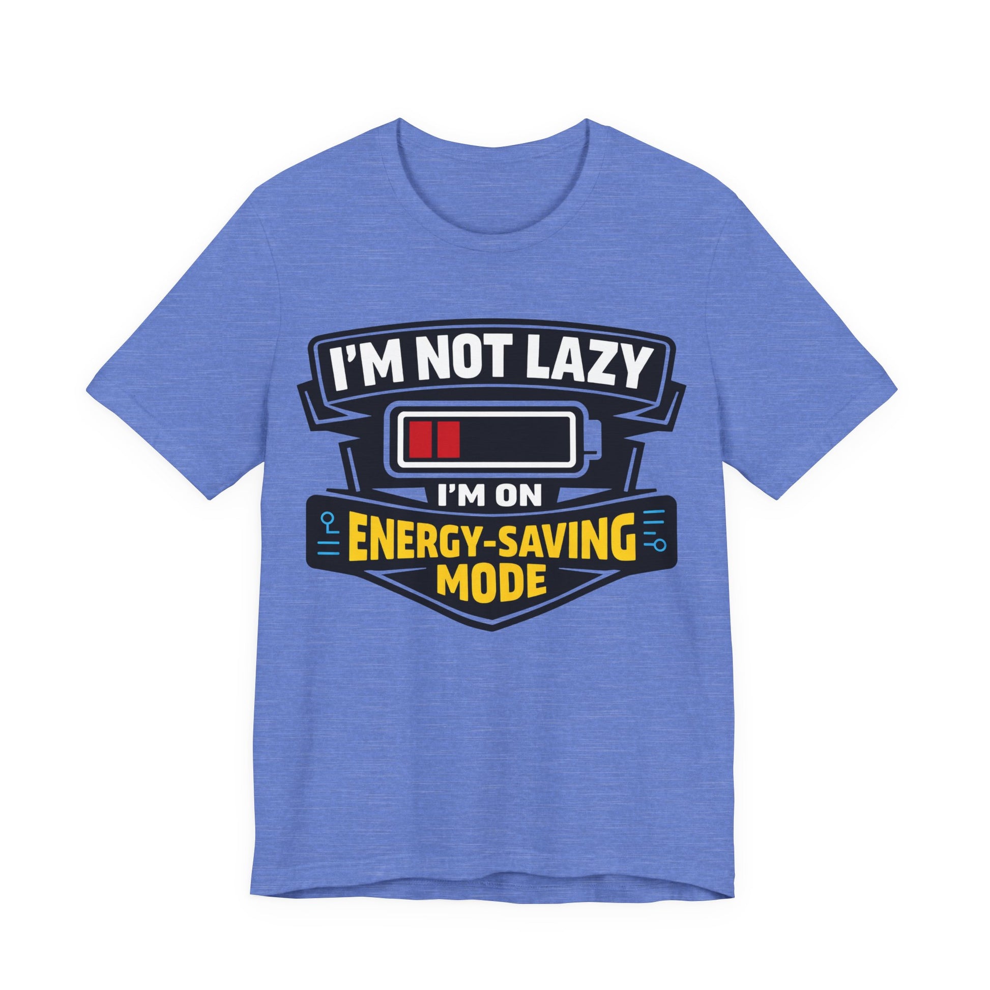 Navy Bella+Canvas 3001 unisex tee with I'm Not Lazy I'm on Energy-Saving Mode graphic, flat lay