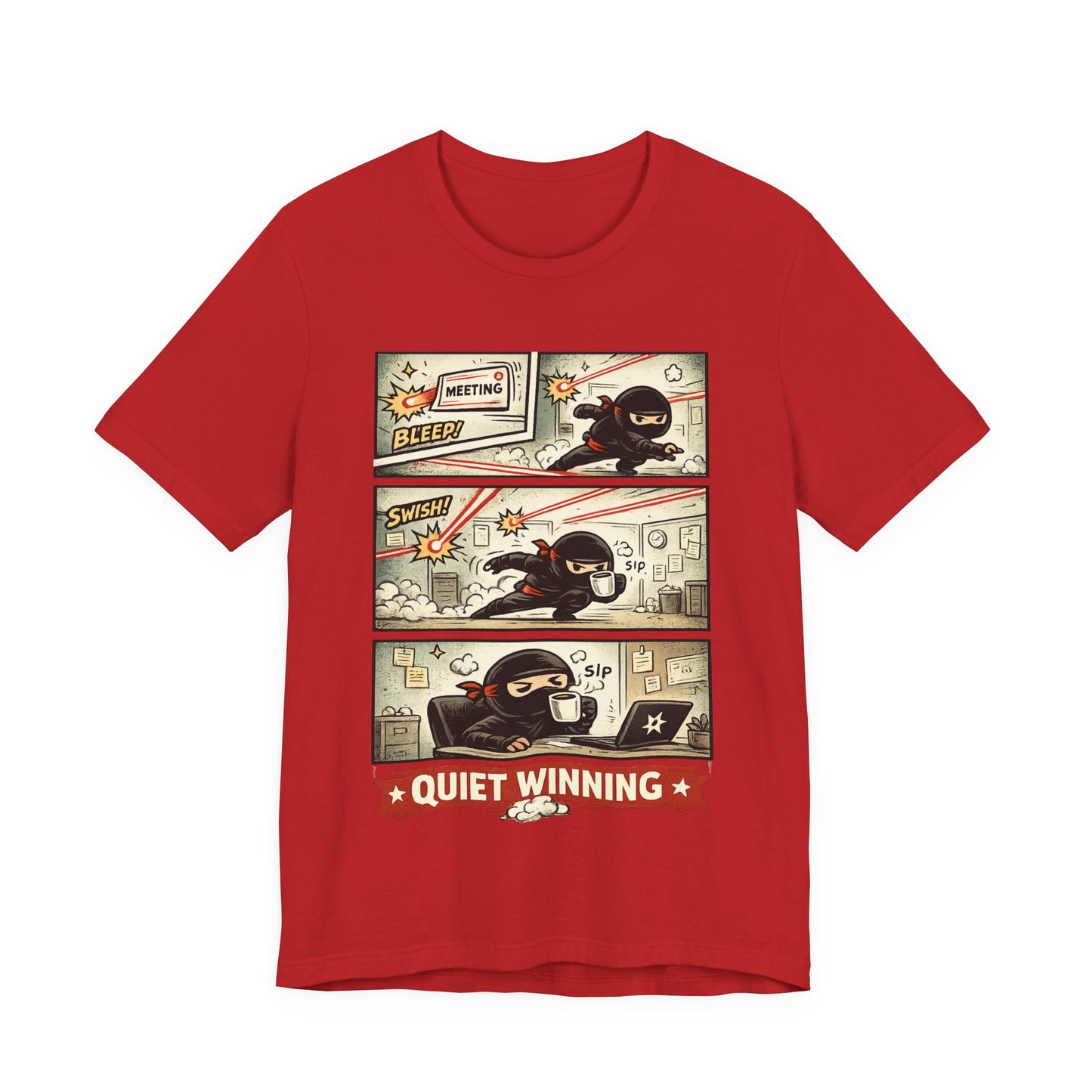 Red Bella+Canvas 3001 unisex tee with Quiet Winning ninja comic strip graphic, flat lay