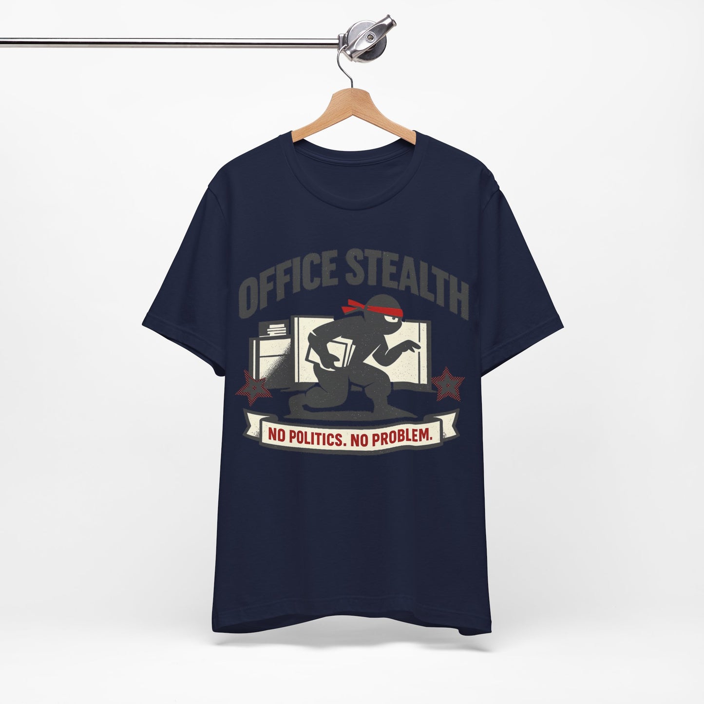 Steel Blue Bella+Canvas 3001 unisex tee with Office Stealth vintage faded ninja design, flat lay