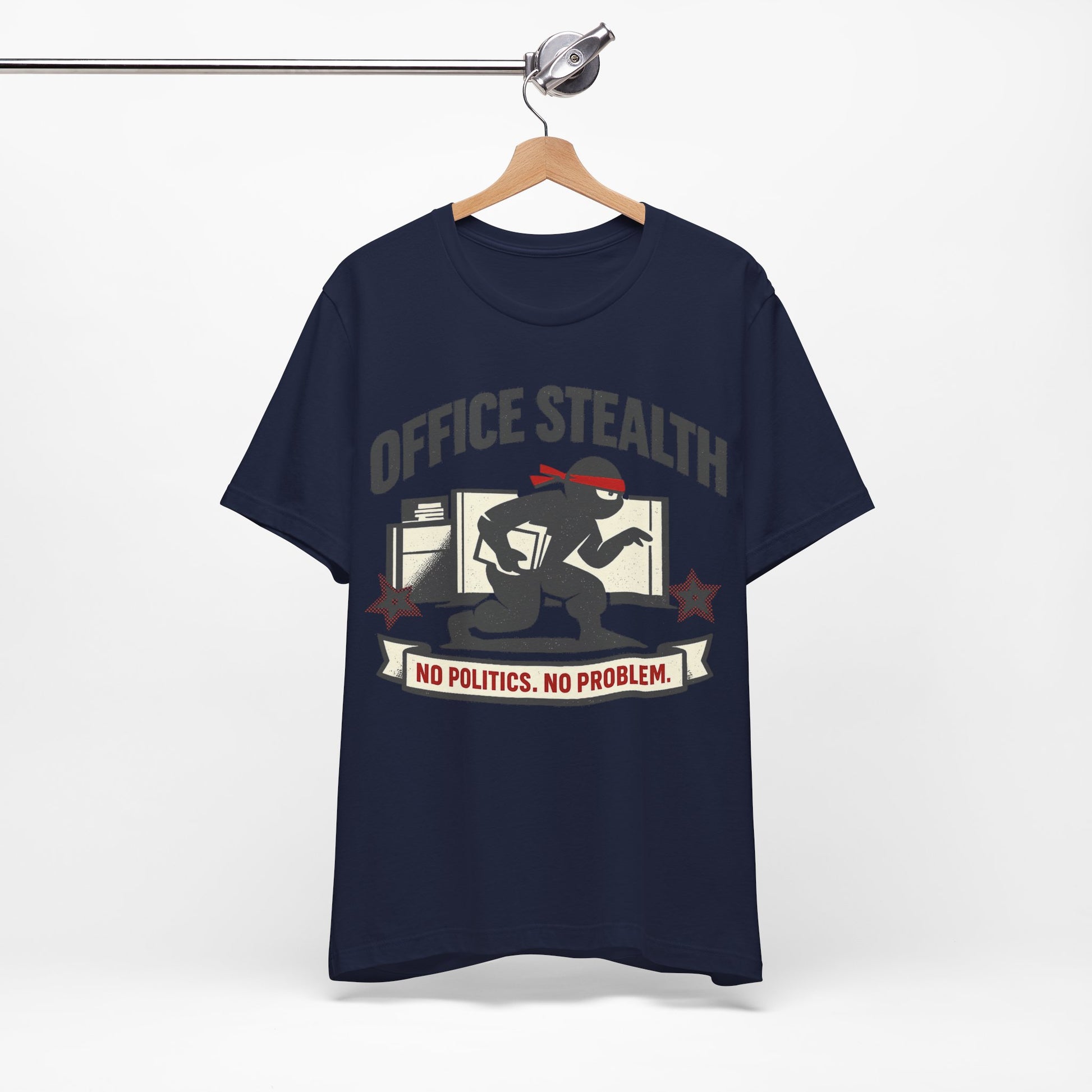 Steel Blue Bella+Canvas 3001 unisex tee with Office Stealth vintage faded ninja design, flat lay