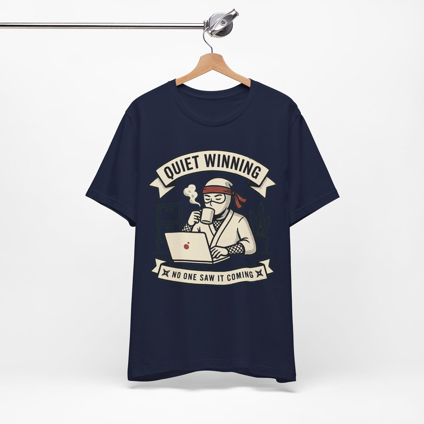 Steel Blue Bella+Canvas 3001 unisex tee with Quiet Winning ninja laptop design, flat lay