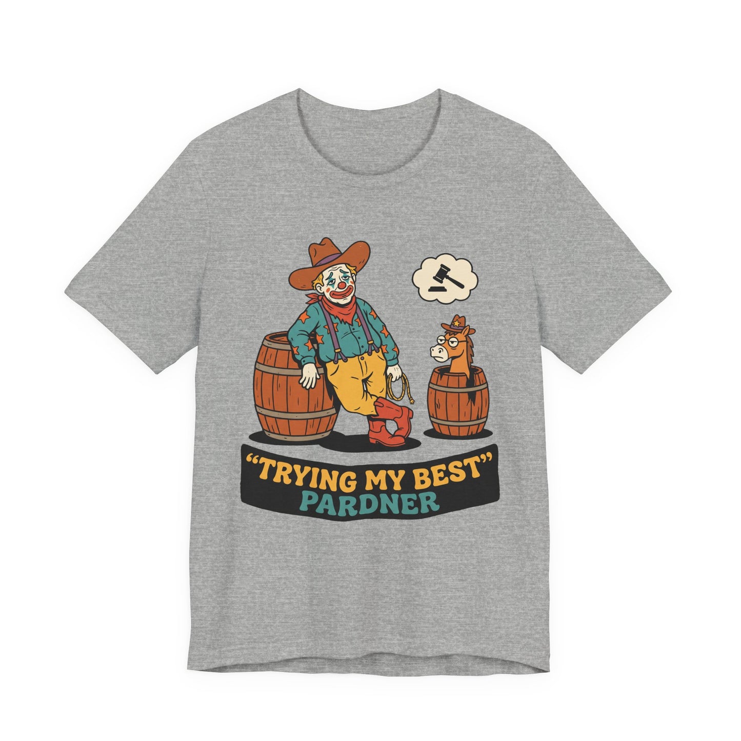 Natural Bella+Canvas 3001 unisex tee with Trying My Best Pardner graphic, flat lay