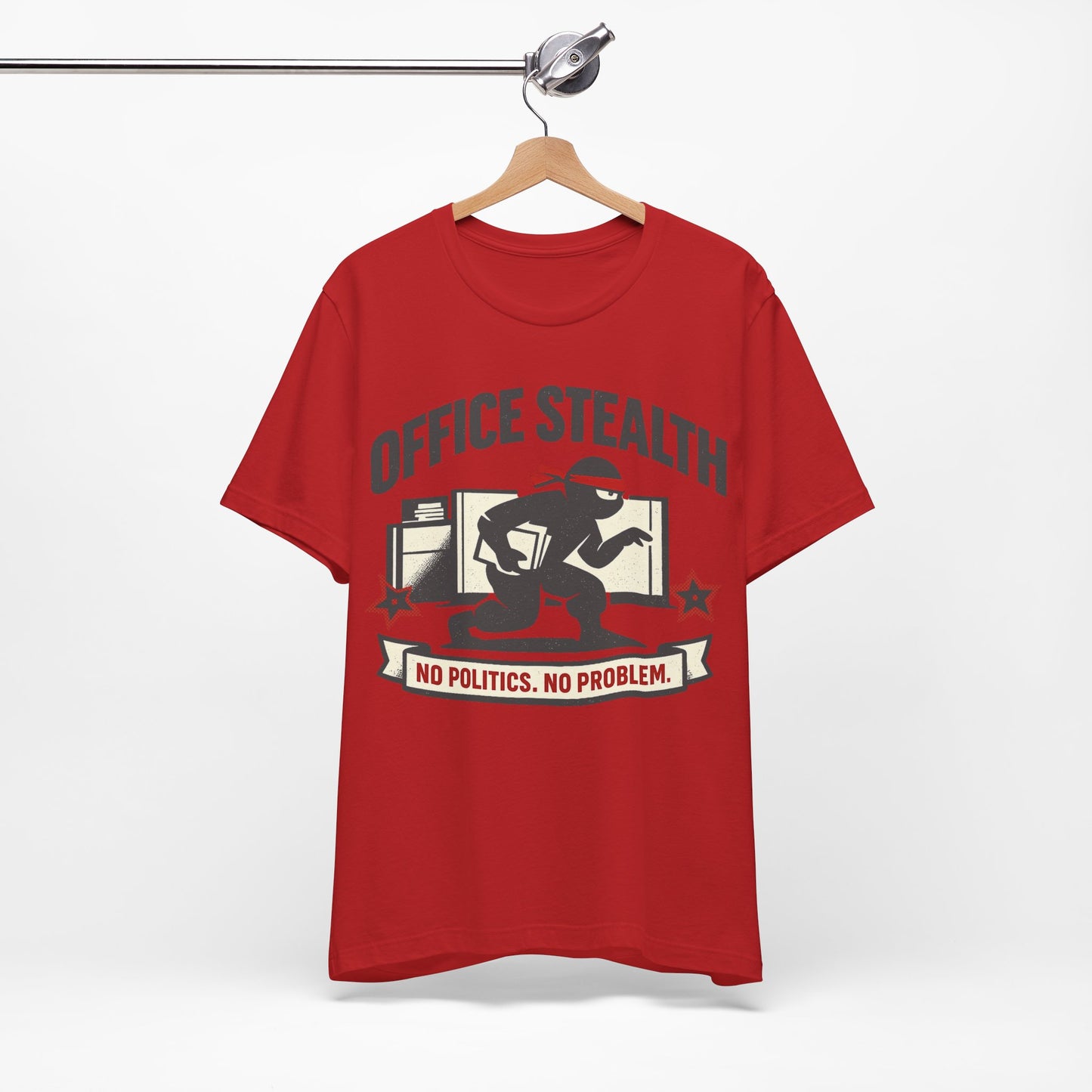 Natural Bella+Canvas 3001 unisex tee with Office Stealth vintage faded ninja design, on hanger