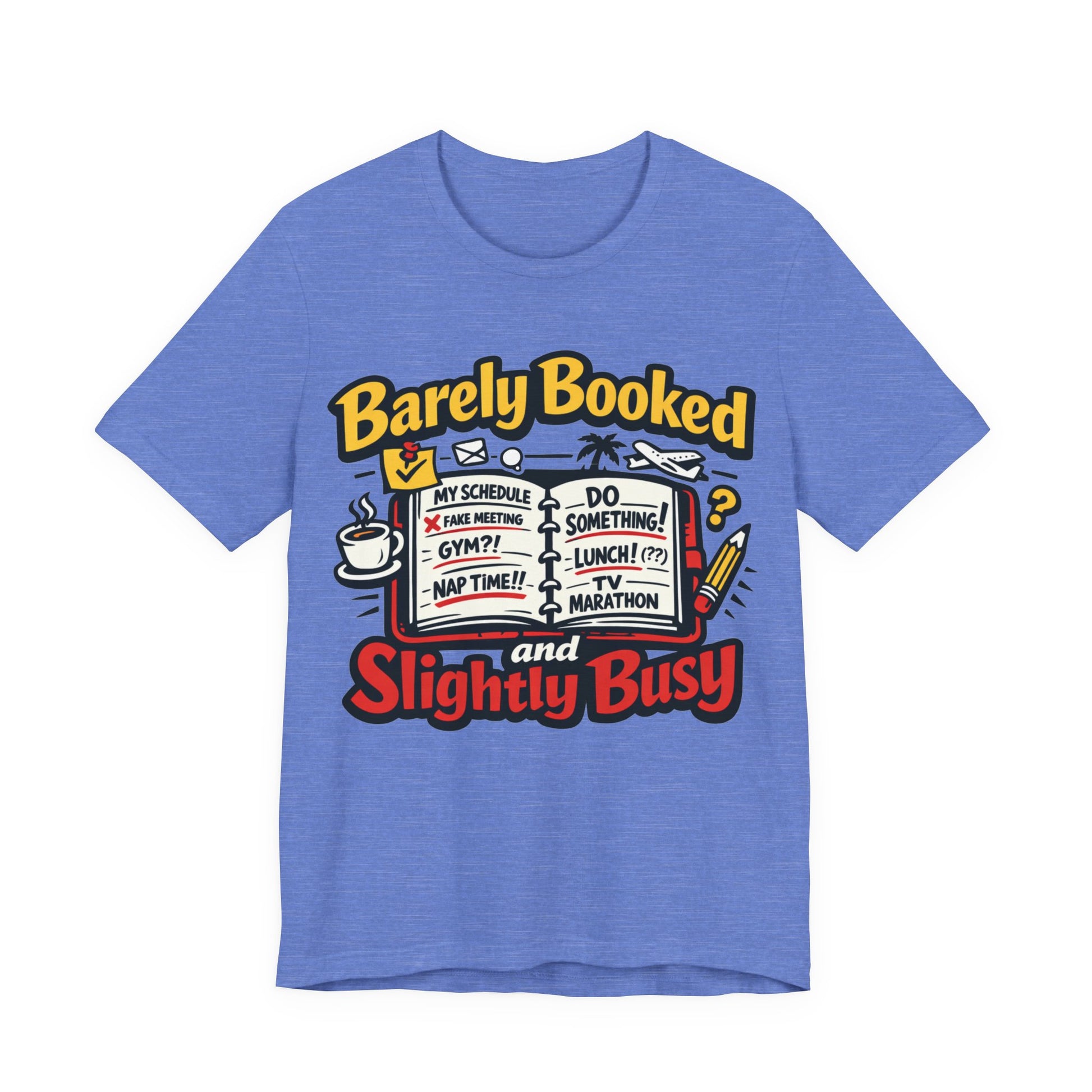 Navy Bella+Canvas 3001 unisex tee with Barely Booked and Slightly Busy graphic, flat lay