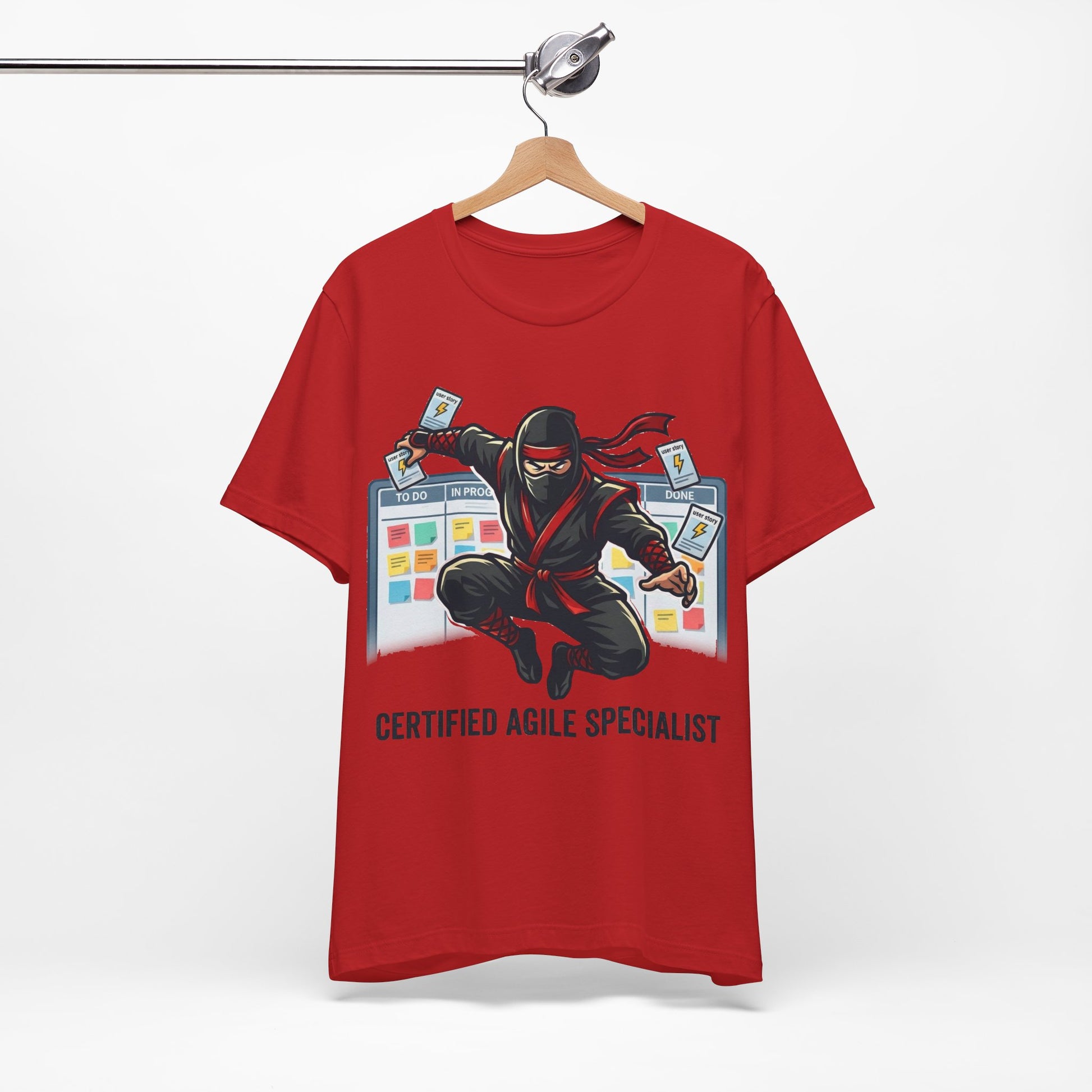 White Bella+Canvas 3001 unisex tee with Certified Agile Specialist ninja kanban design, flat lay