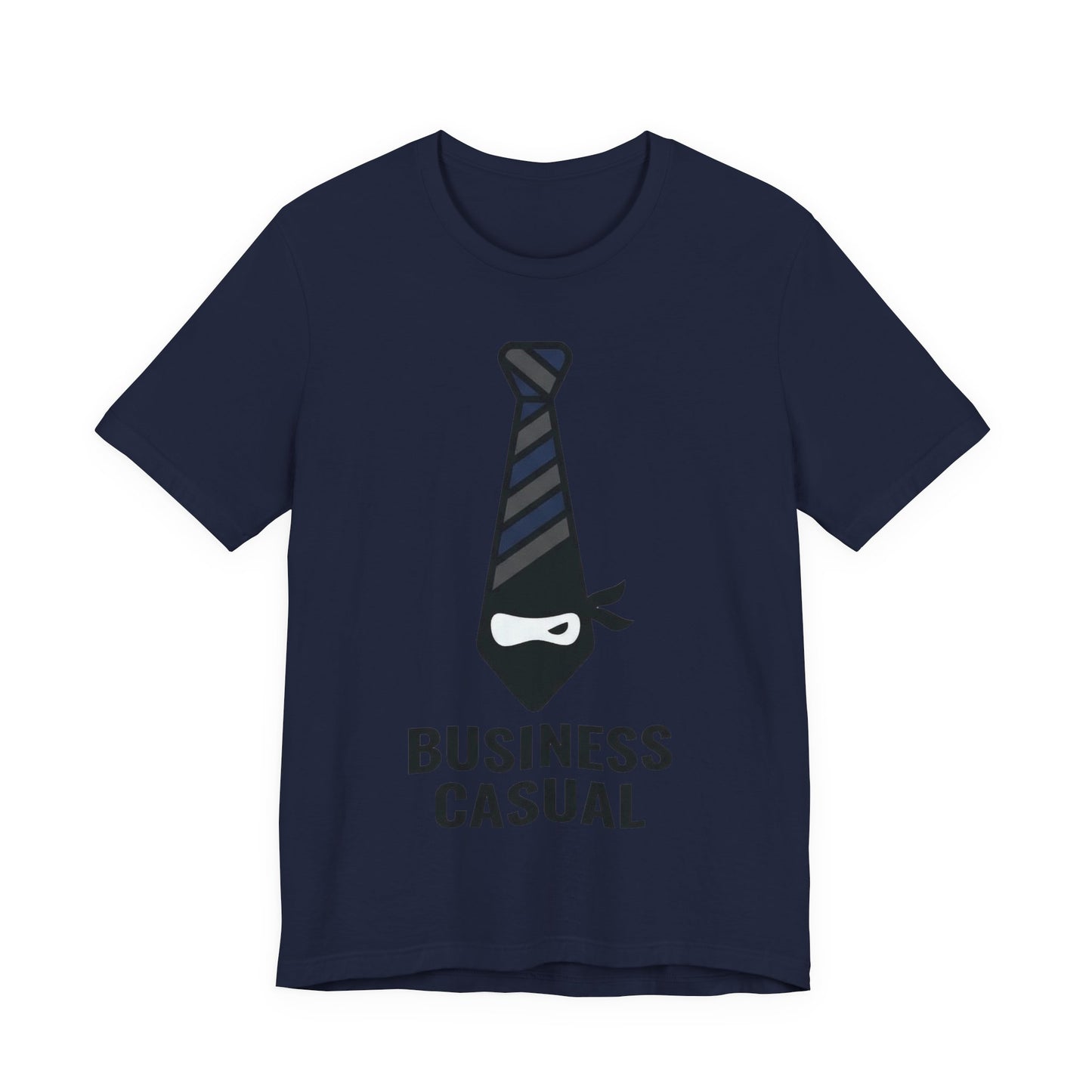 Navy Bella+Canvas 3001 unisex tee with Business Casual ninja in tie graphic, flat lay