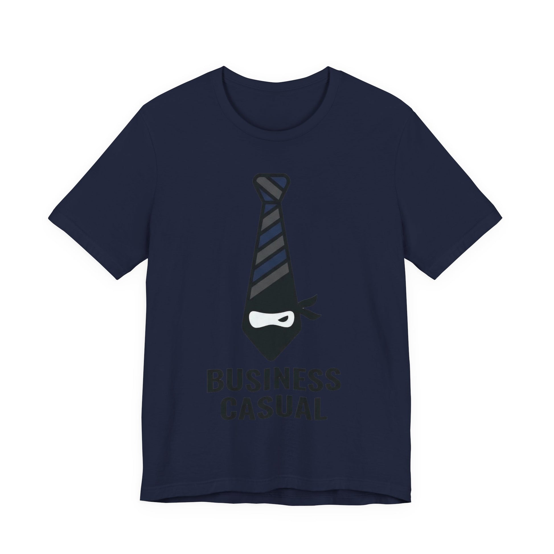 Navy Bella+Canvas 3001 unisex tee with Business Casual ninja in tie graphic, flat lay
