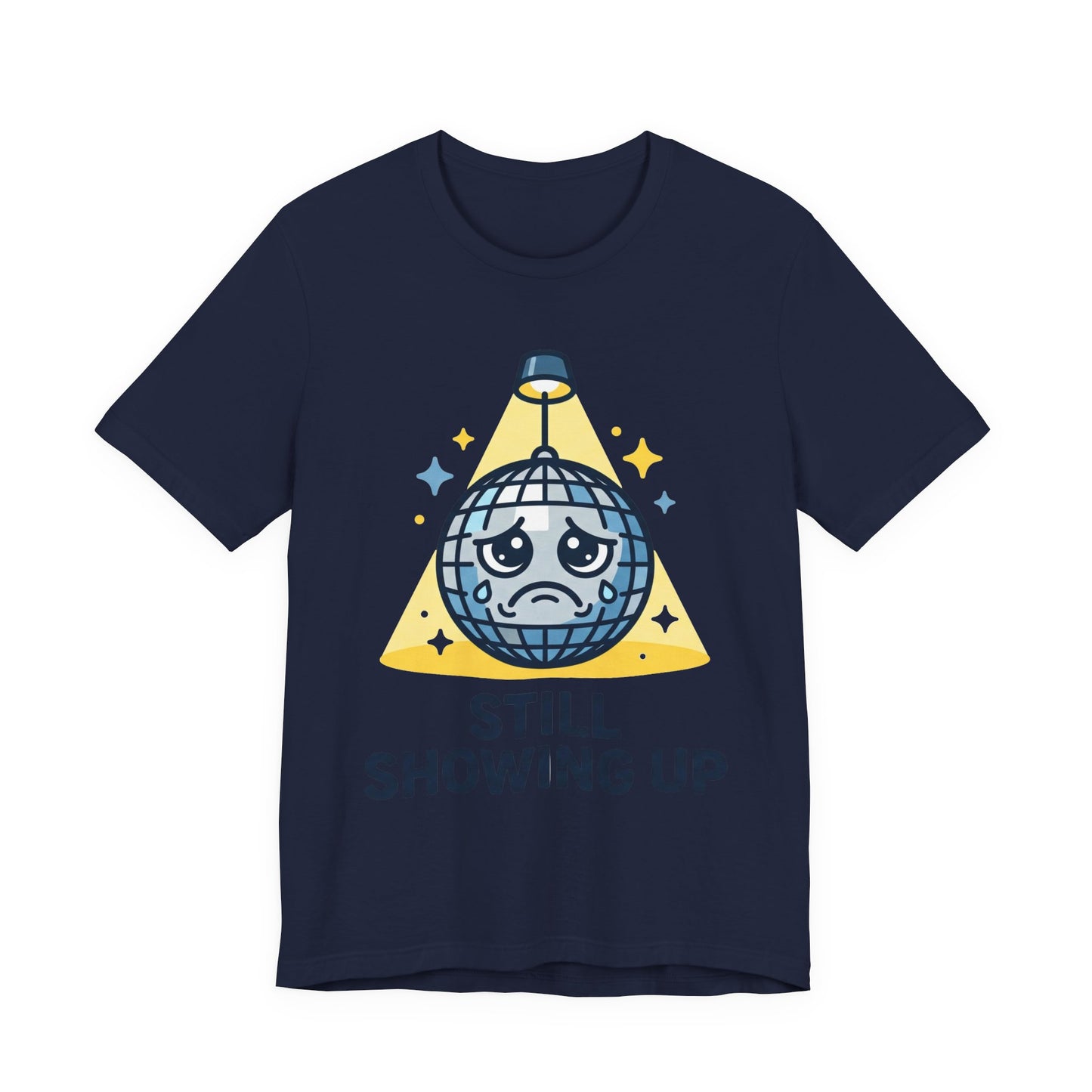 Navy Bella+Canvas 3001 unisex tee with Still Showing Up graphic, on hanger