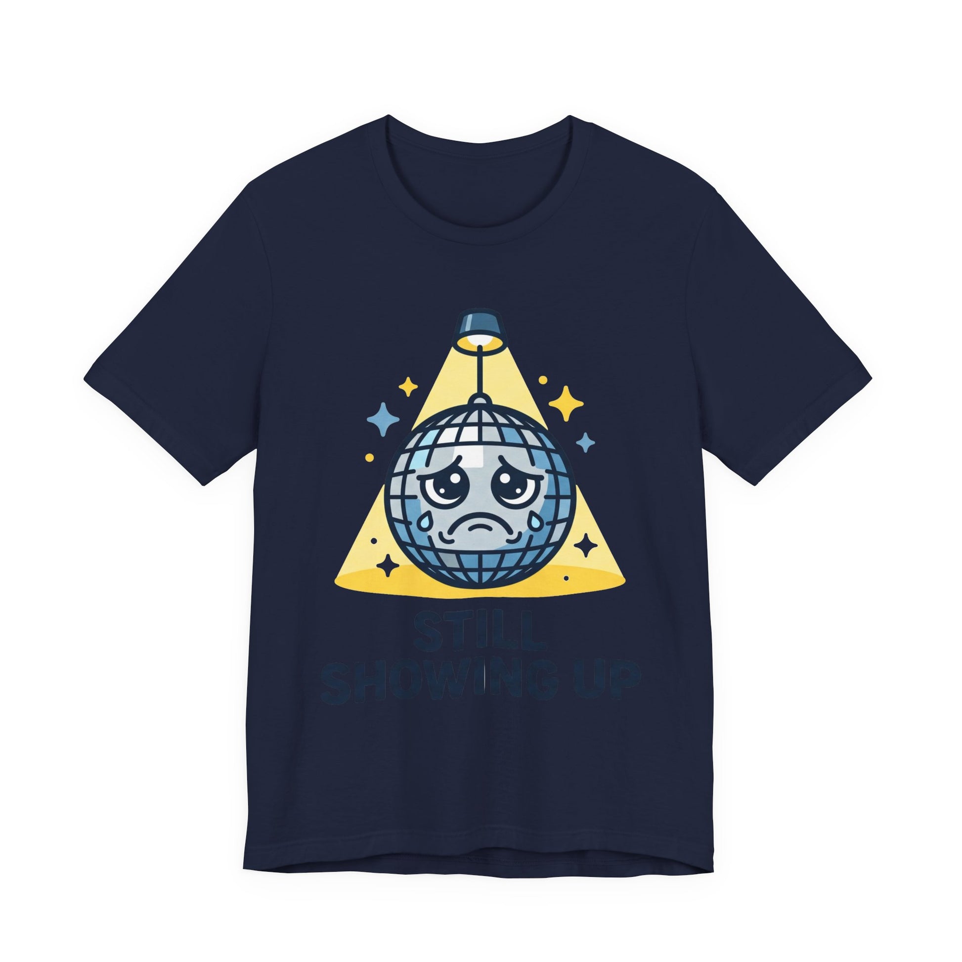 Navy Bella+Canvas 3001 unisex tee with Still Showing Up graphic, on hanger
